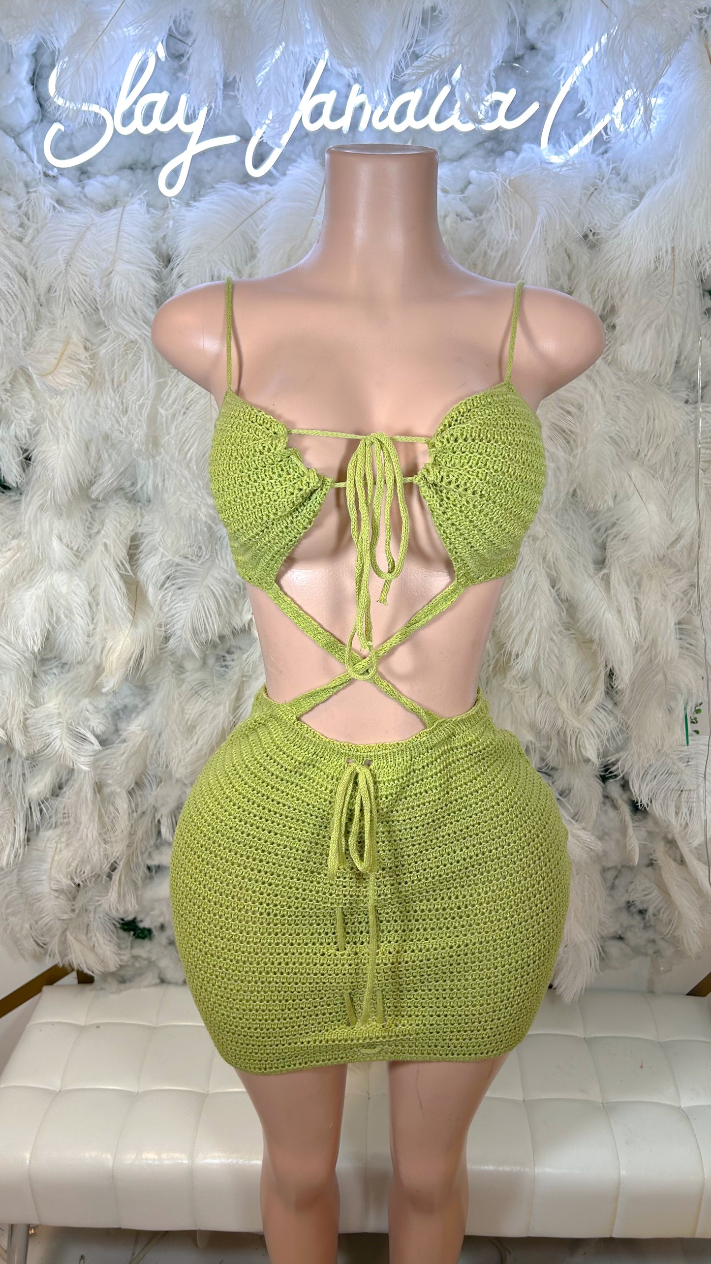 Run Away To Paradise Crochet Mini Dress - Green