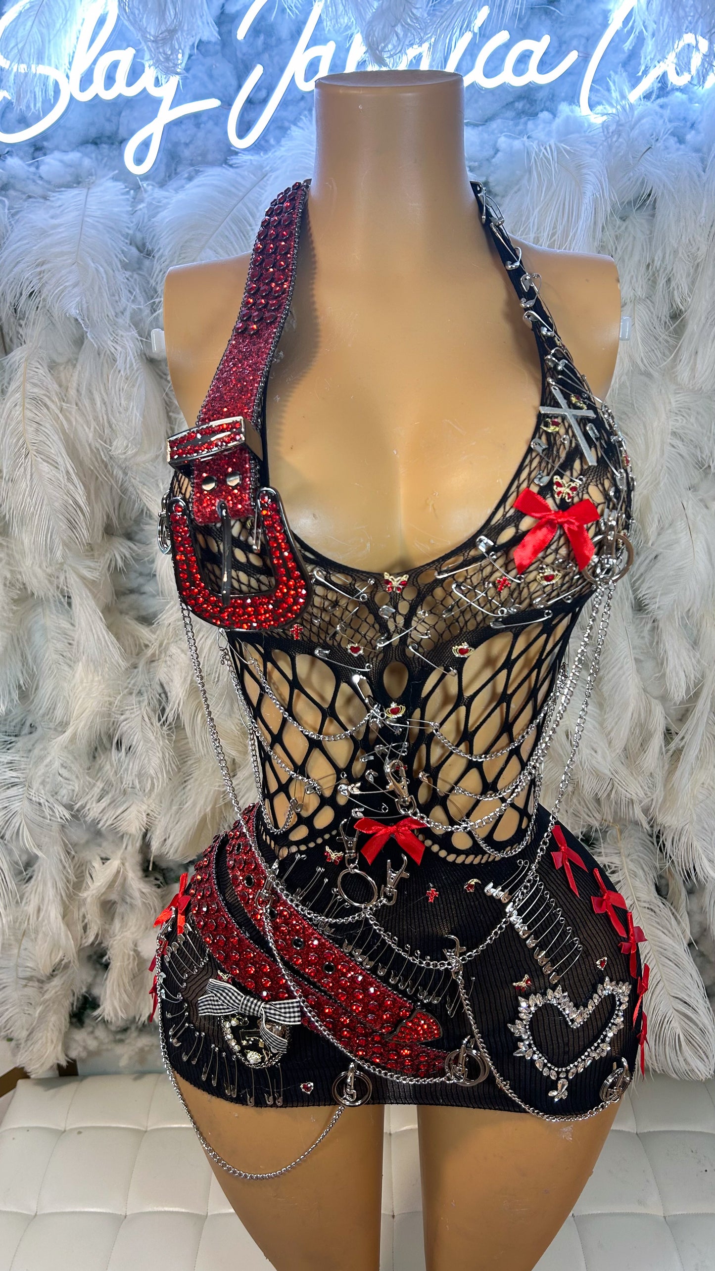 Red Baddie Riding Hood Embellished Fishnet Mesh Dress