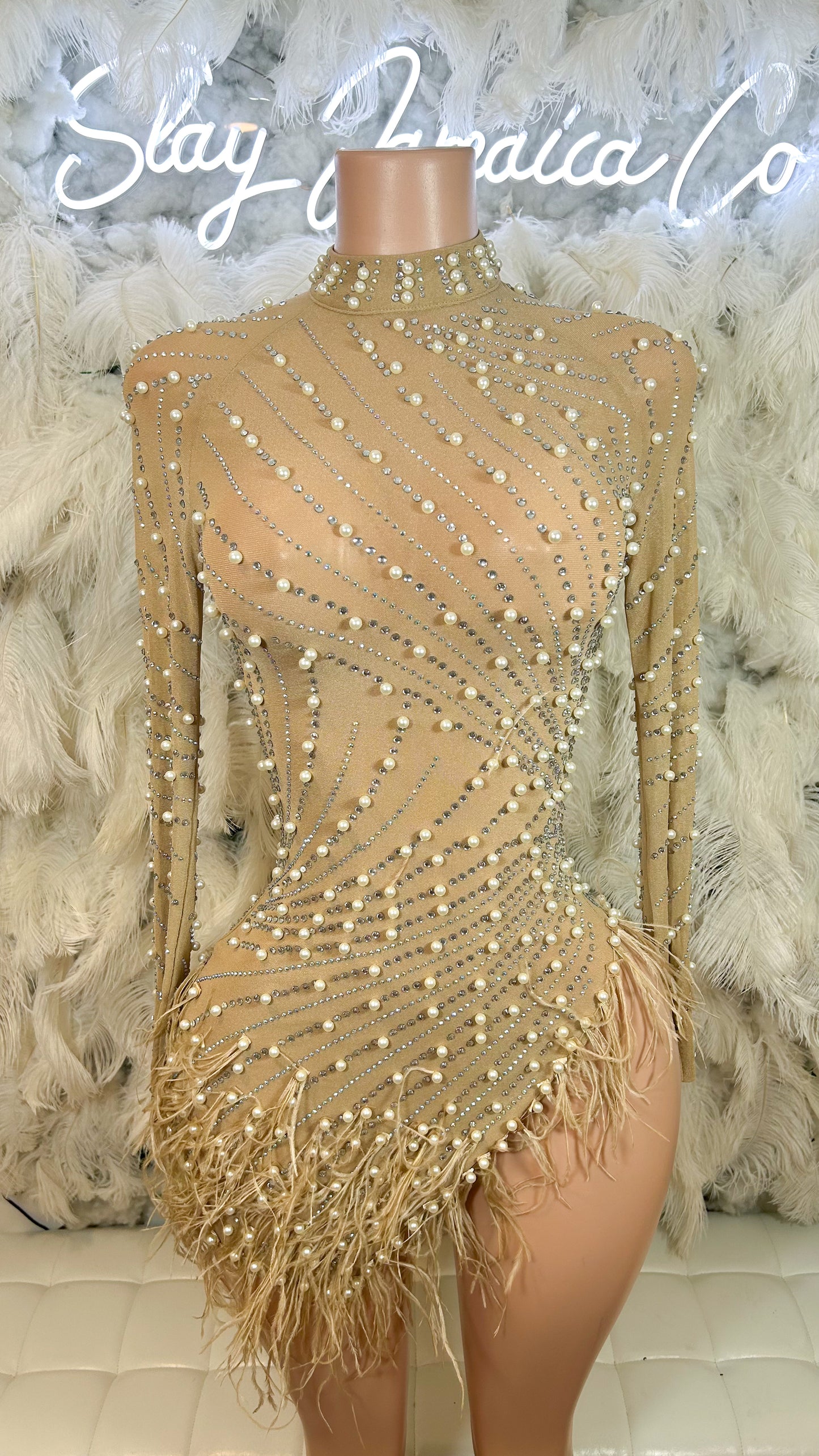 Top Notch Pearl Luxe Mini Dress -Nude