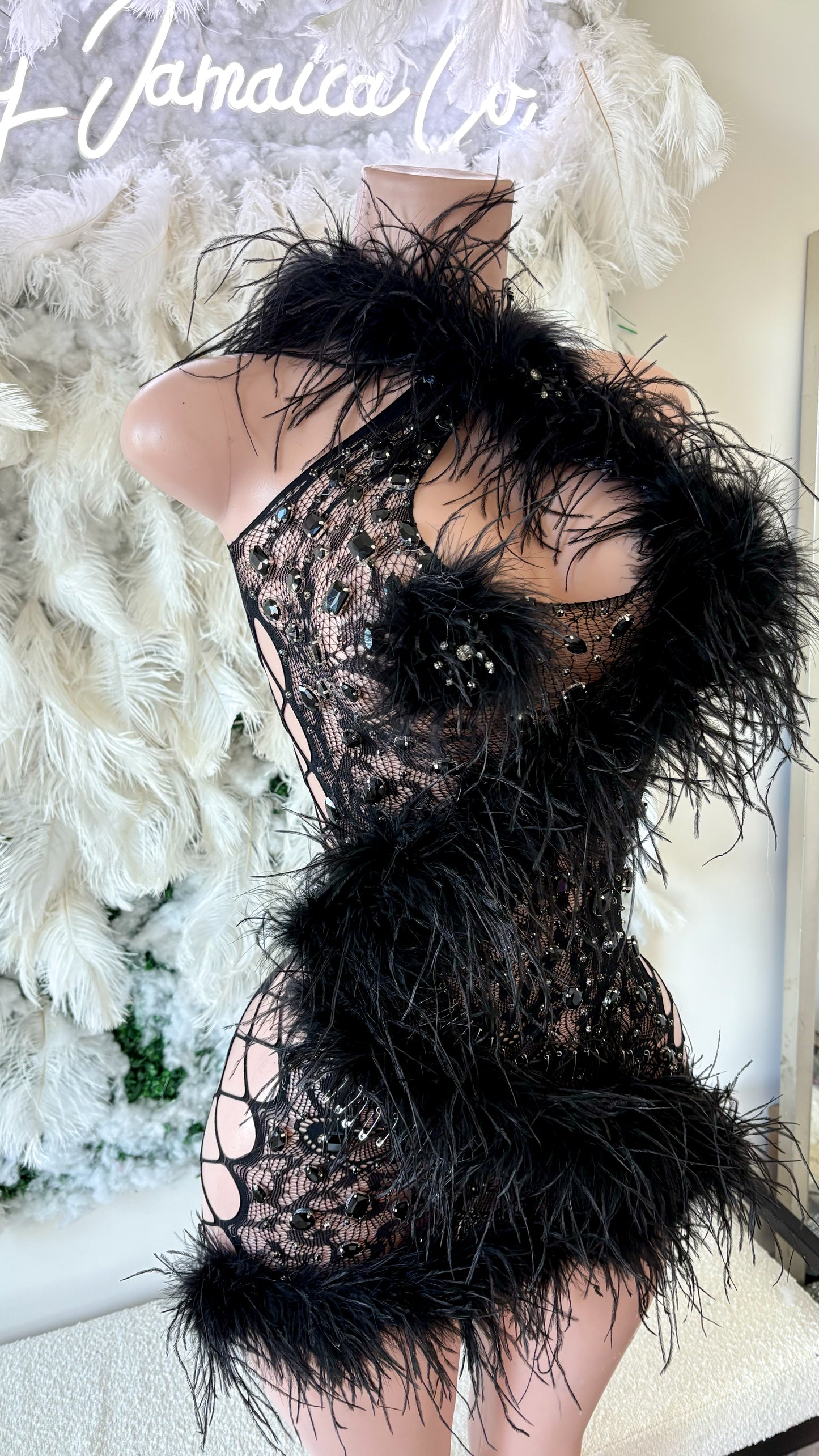 READY TO SHIP Luxury Dolly Rhinestone Ostrich Feather Embellished Mesh Dress