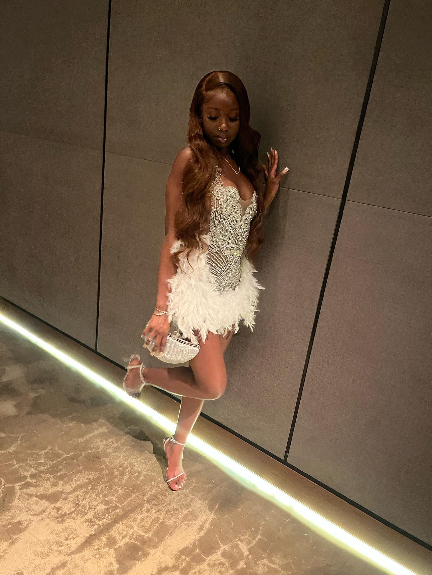 READY TO SHIP ONLY Fine Wine Feather Luxury Rhinestone Dress-WHITE