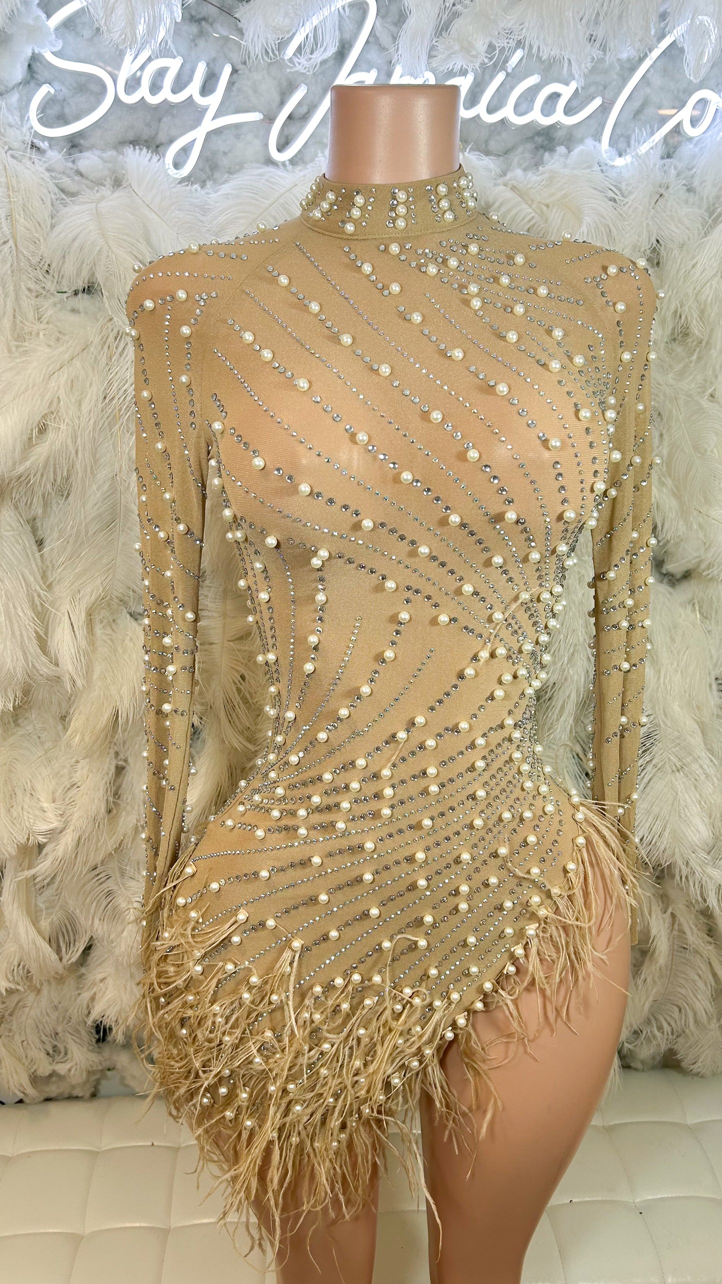 Top Notch Pearl Luxe Mini Dress -Nude