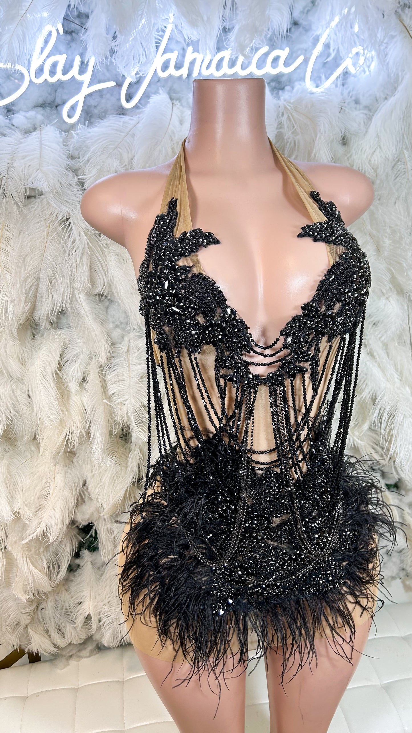 PREORDER ONLY Dark Fantasy Rhinestone Feather Luxe Mini Dress