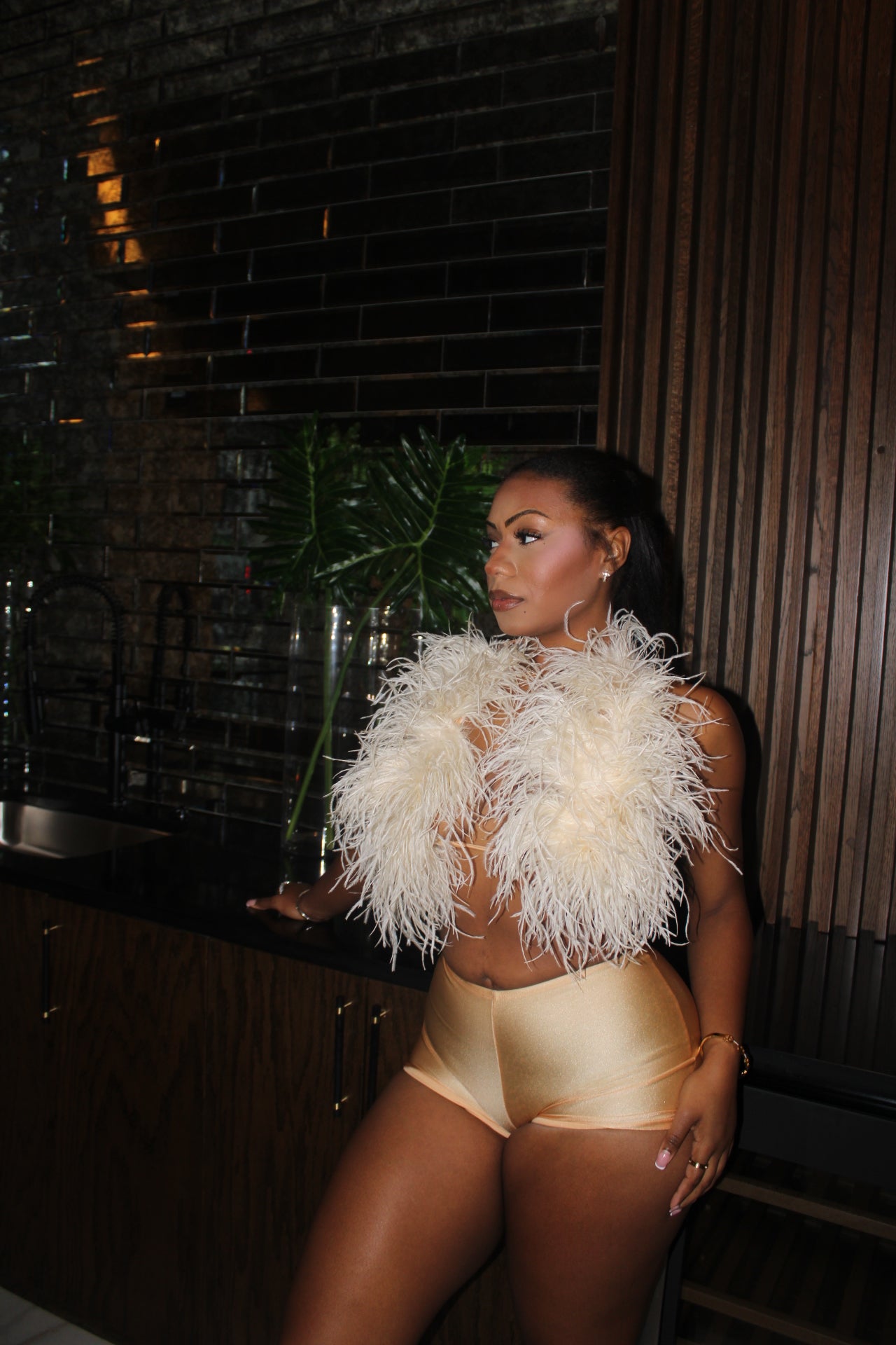 READY TO SHIP Champagne Nights Ostritch Feather Shorts Set