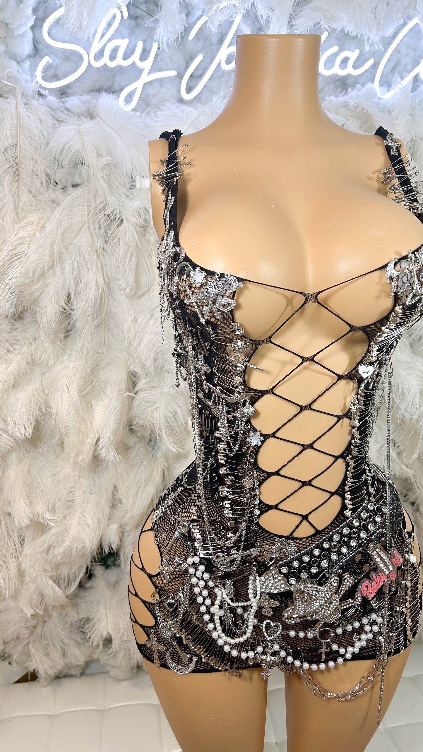 Miss Grippy Embellished Rhinestone Fishnet Mesh Mini Dress