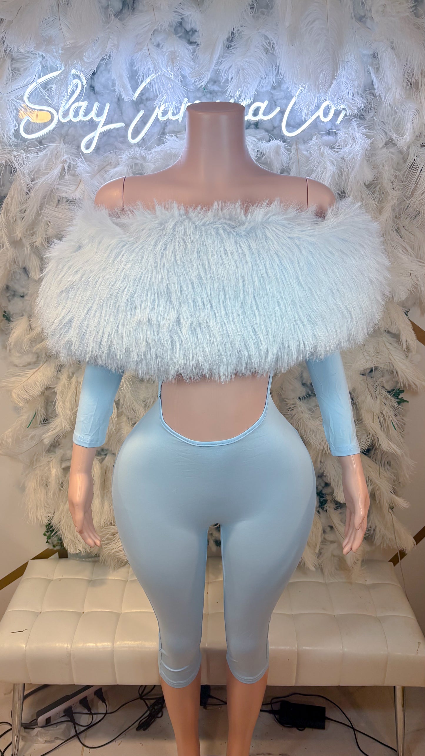 READY TO SHIP Femme Aura Fur Romper - Icy Blue