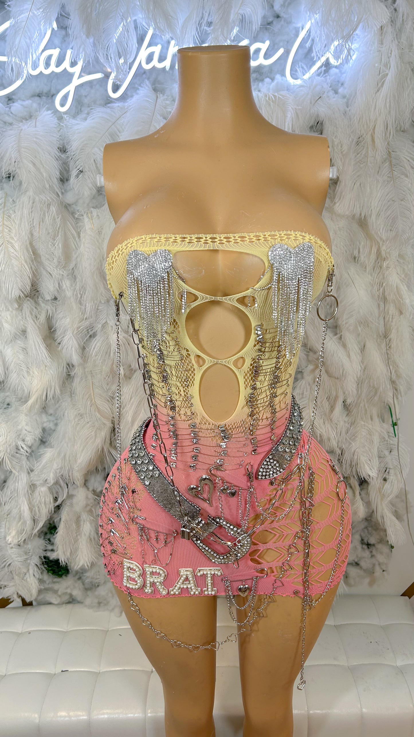 The Biggest Brat Embellished Mesh Mini Dress