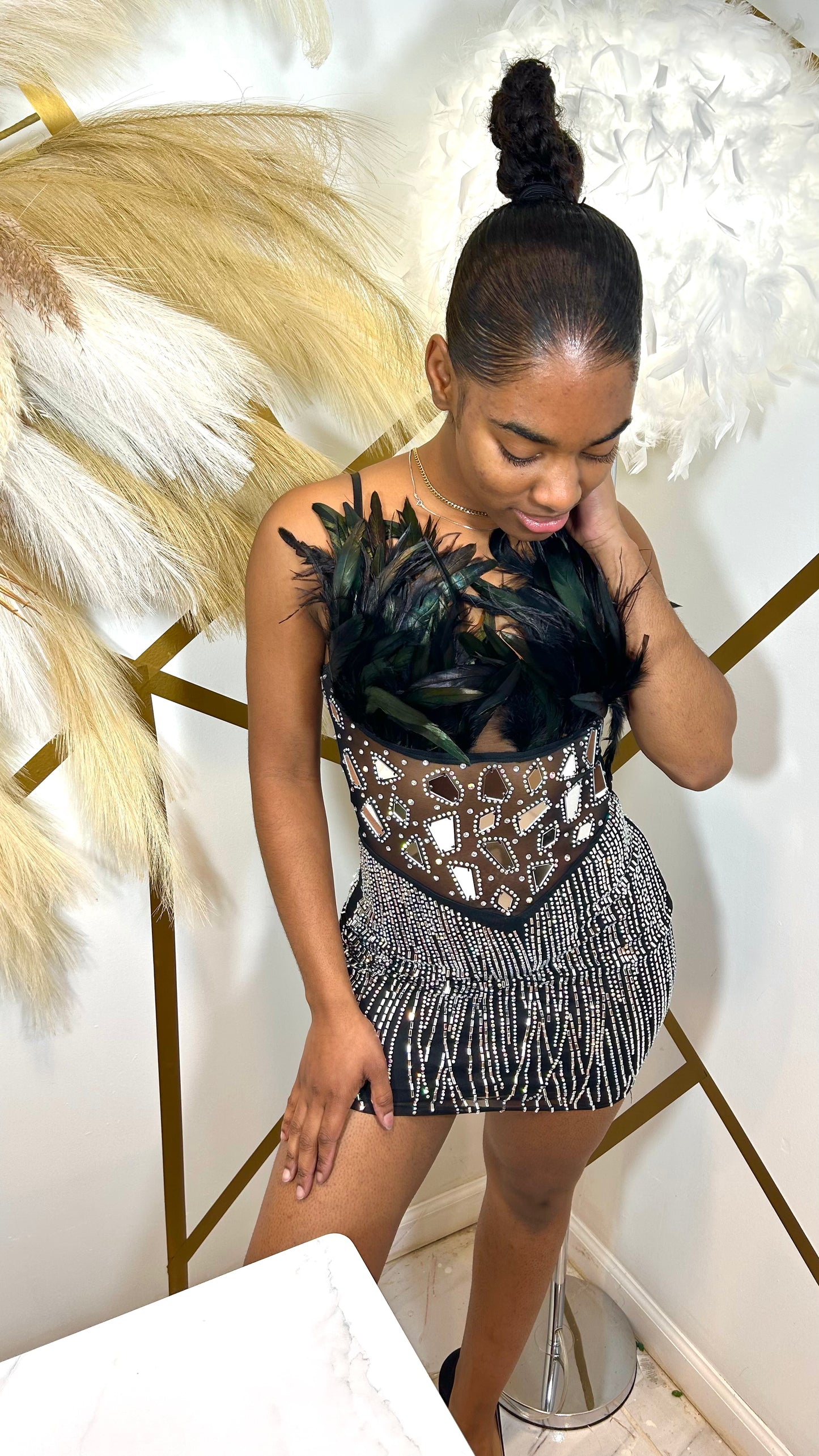 The Hottest Topic Feather Rhinestones Glass Mini Dress -Black