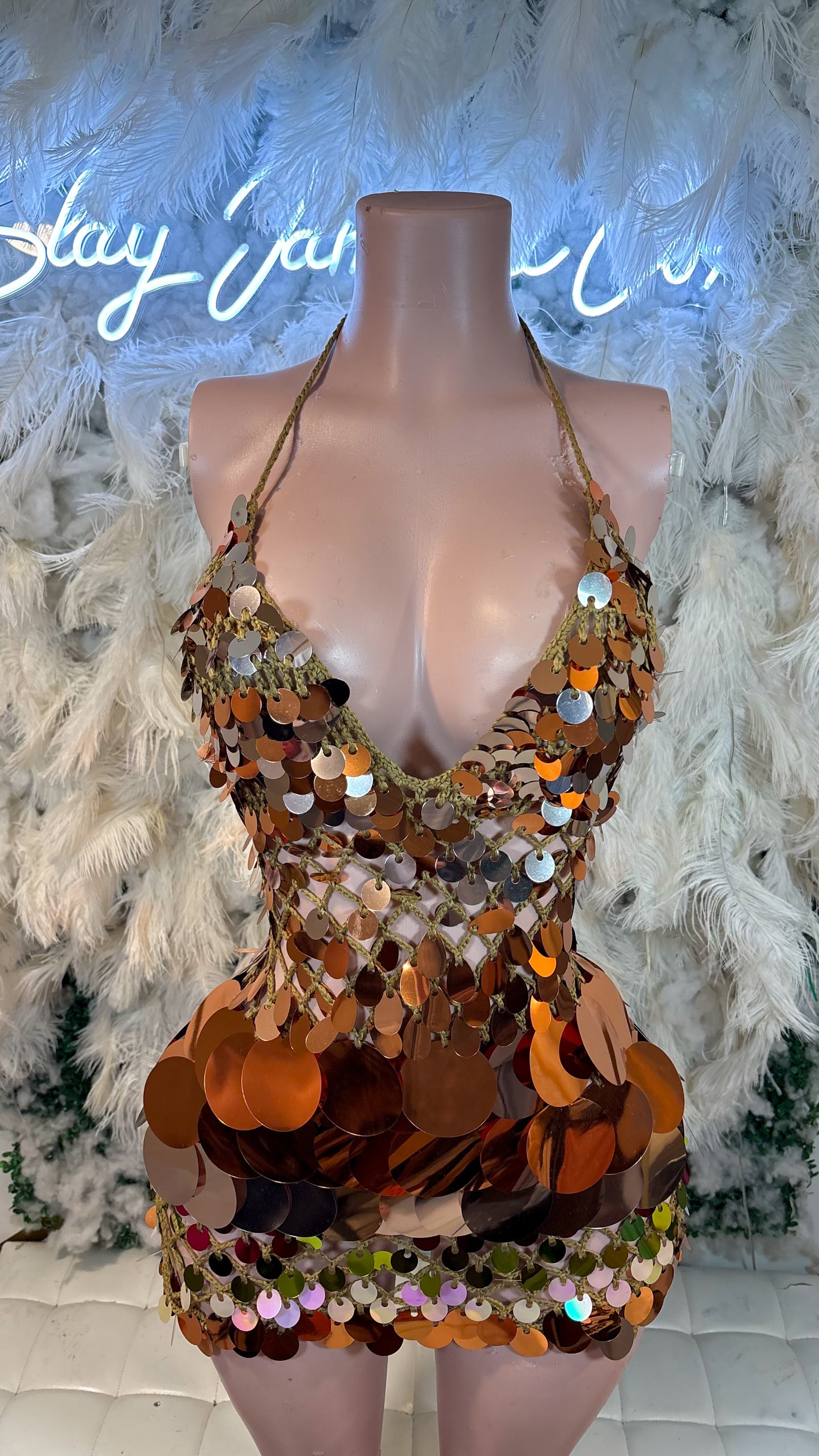 READY TO SHIP Bottles And Lights Knit Assorted Sequin Mini Dress - Warm Amber Mix