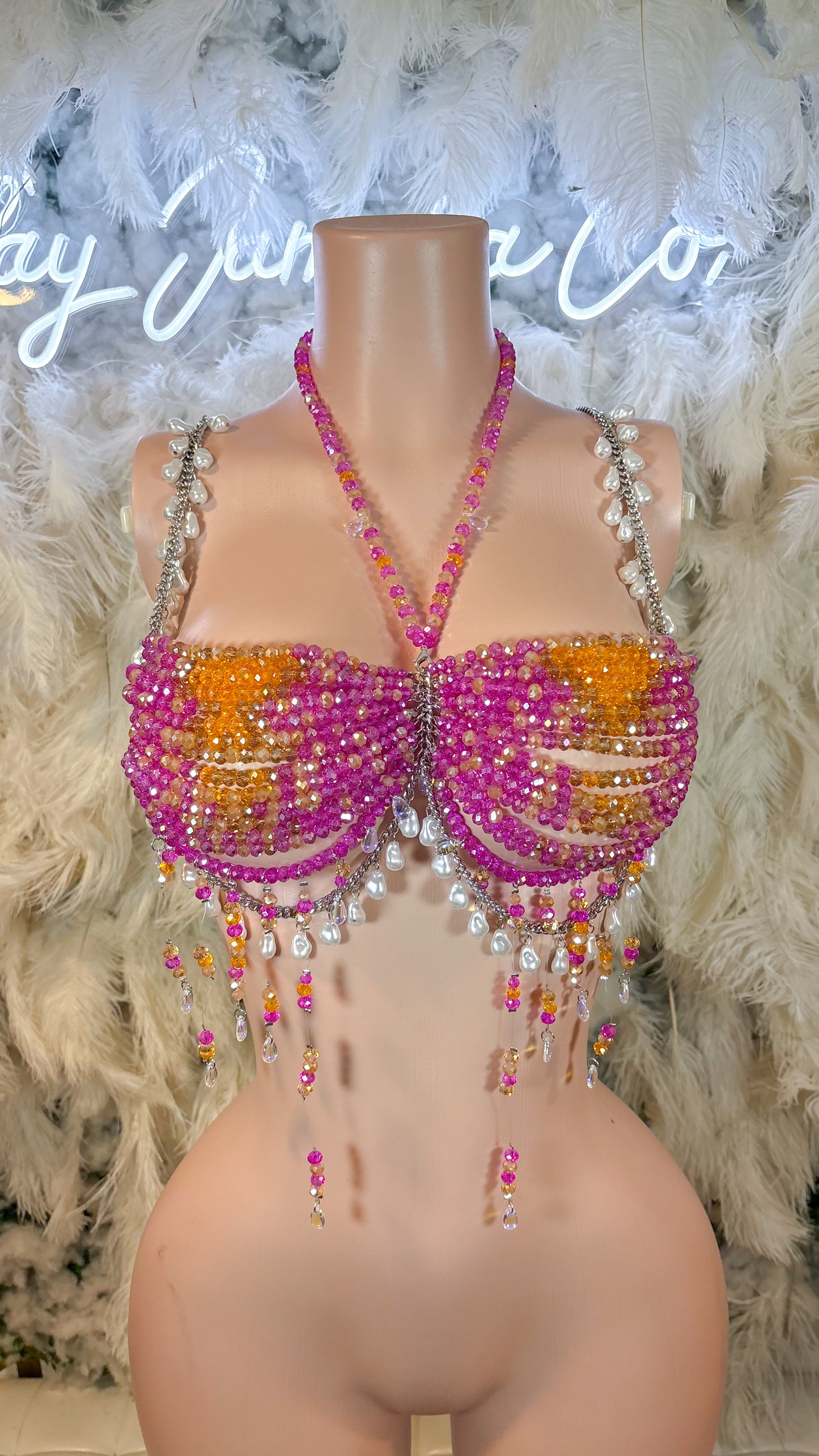 READY TO SHIP Tequila Sunrise Pearl Beaded Top - Pink/ Orange