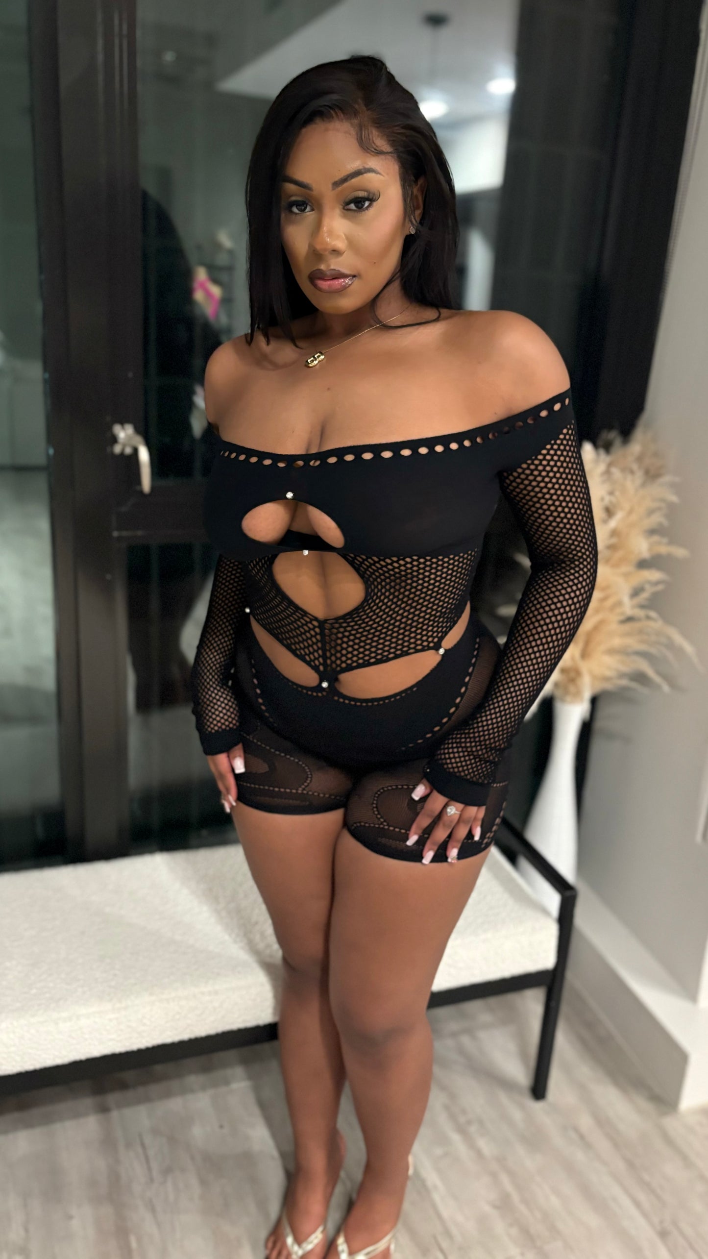 Risqué Love Cutout Mesh Romper - Black