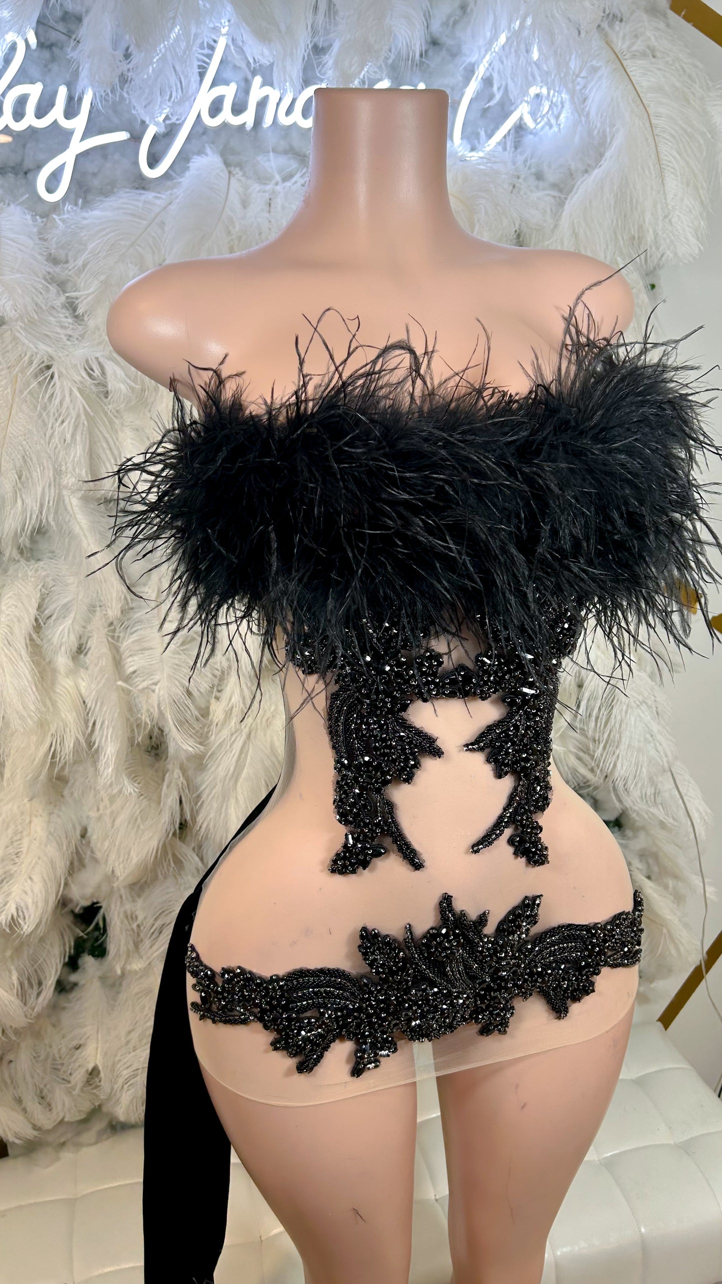 PREORDER ONLY Always On Top Feather Rhinestone Luxury Mini Dress