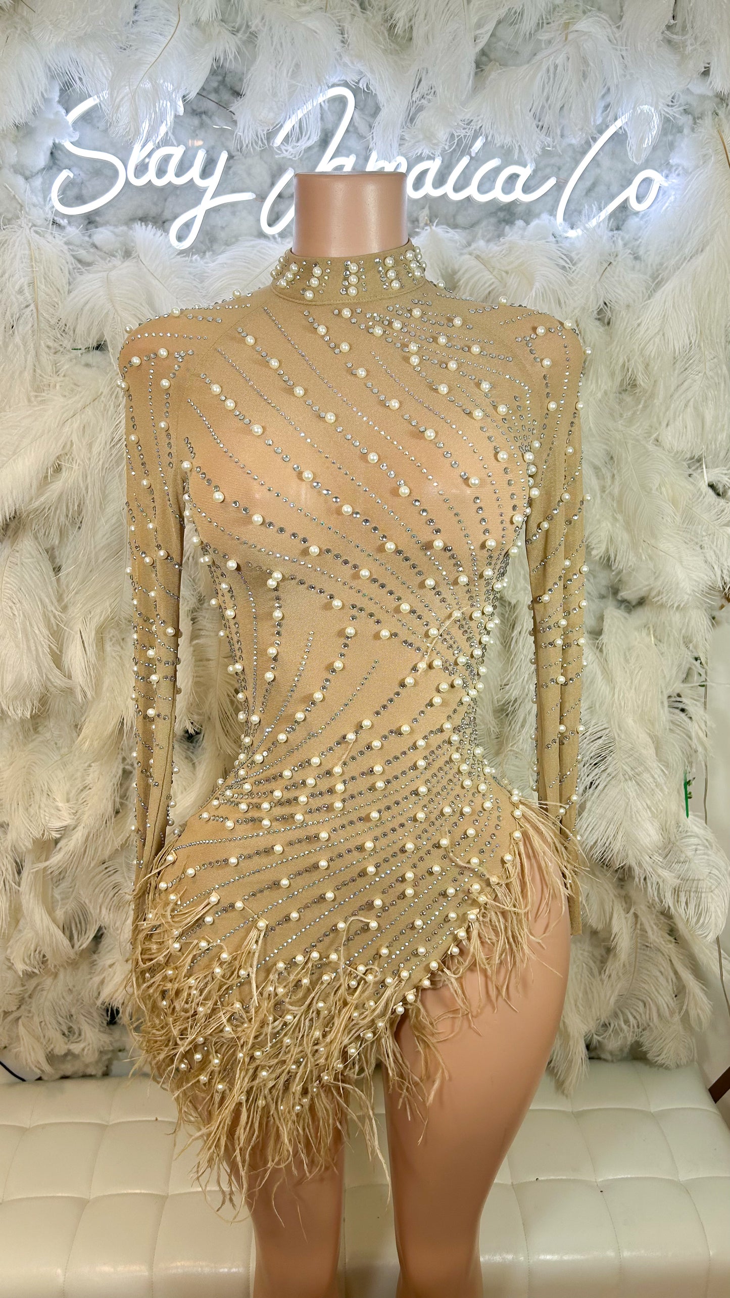 Top Notch Pearl Luxe Mini Dress -Nude