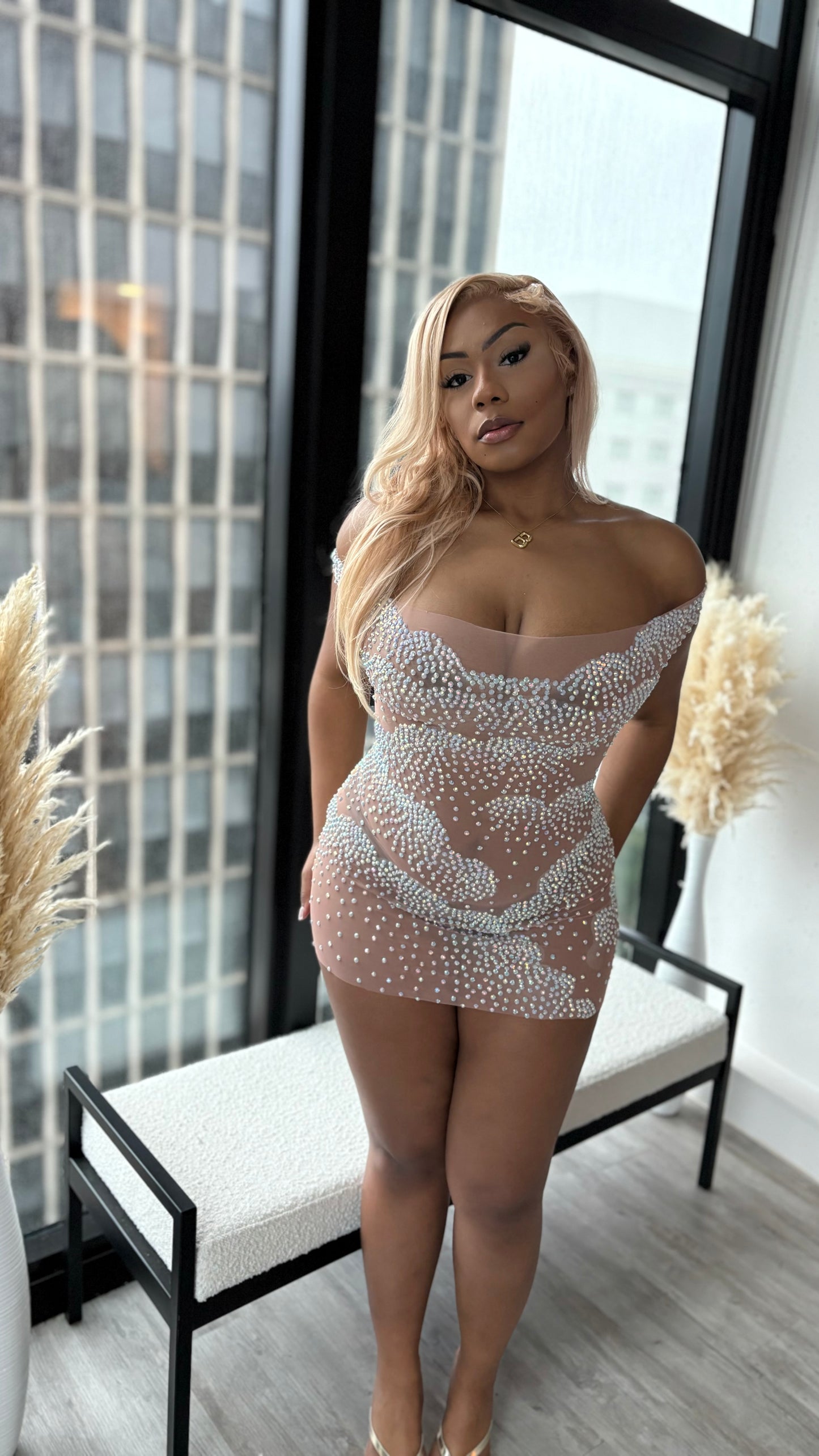 Cloudy Visions Mesh Rhinestone Dress