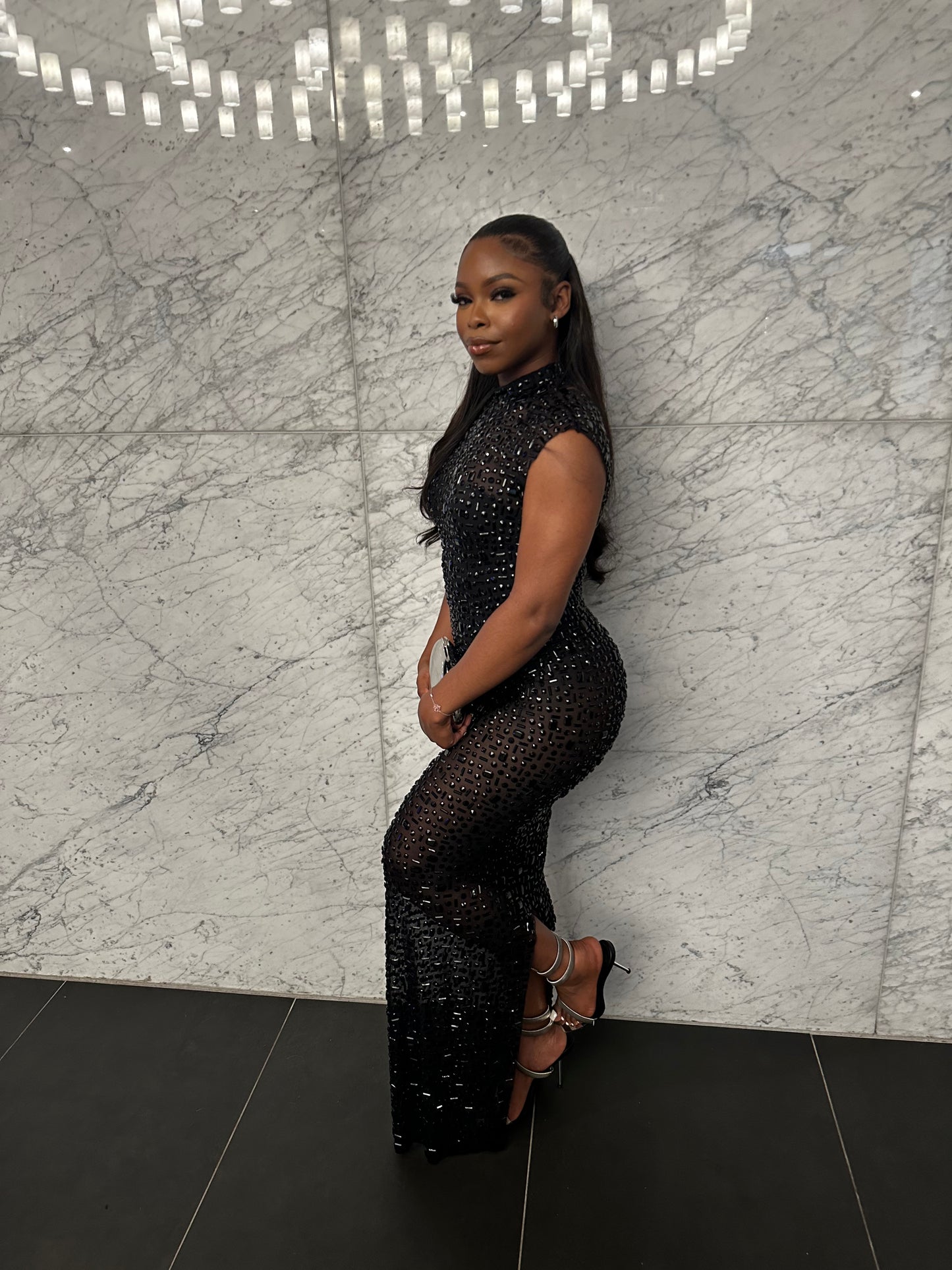 PREORDER ONLY Dazzle Their Eyes Mesh Rhinestone Maxi Dress
