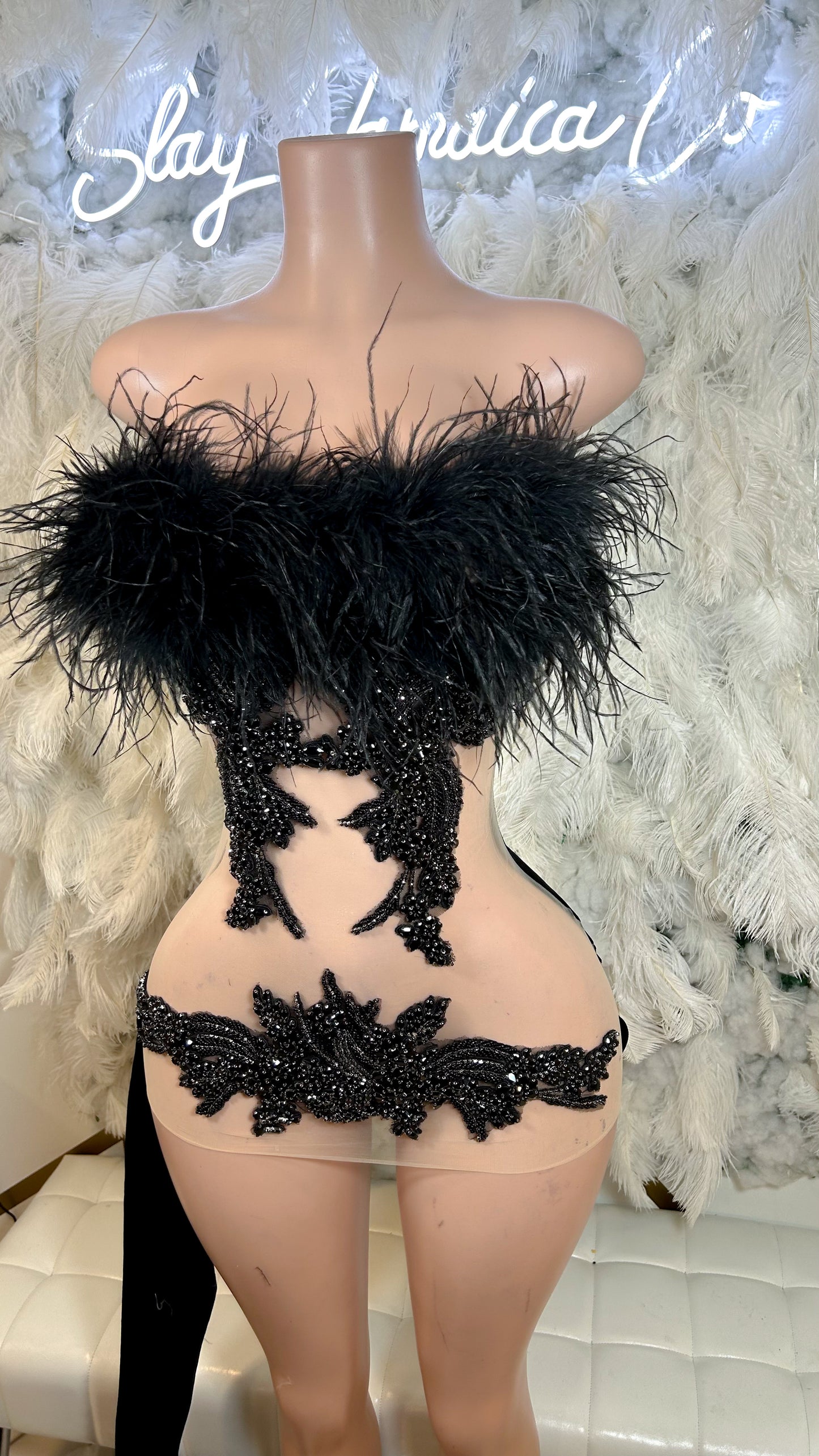 PREORDER ONLY Always On Top Feather Rhinestone Luxury Mini Dress