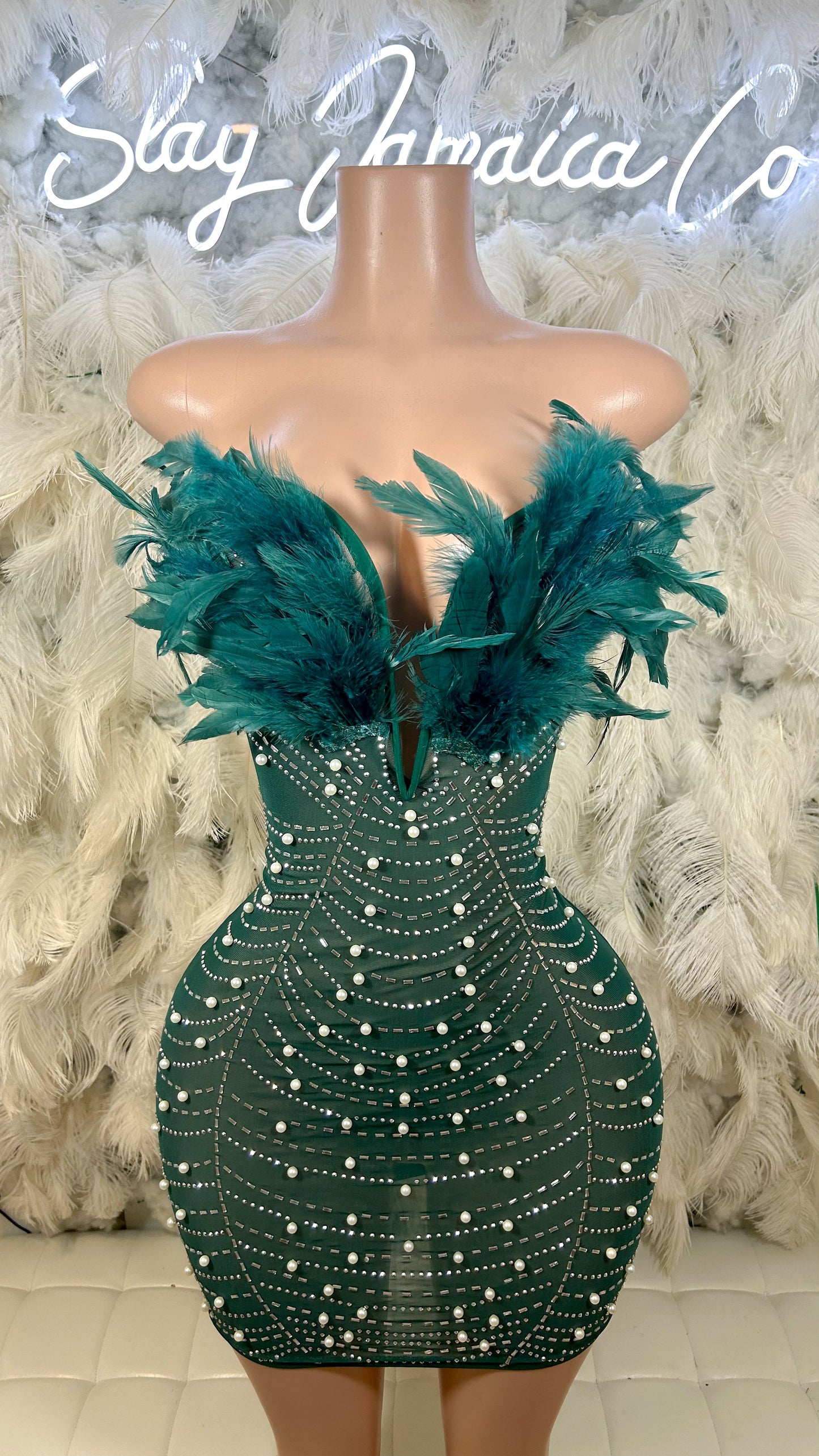 Baddest In The Room Pearl Mesh Mini Dress - Hunter Green
