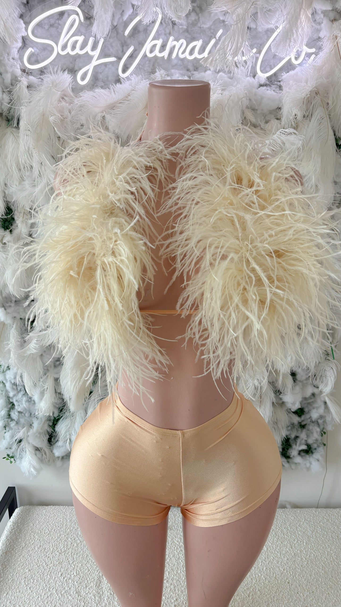 READY TO SHIP Champagne Nights Ostritch Feather Shorts Set