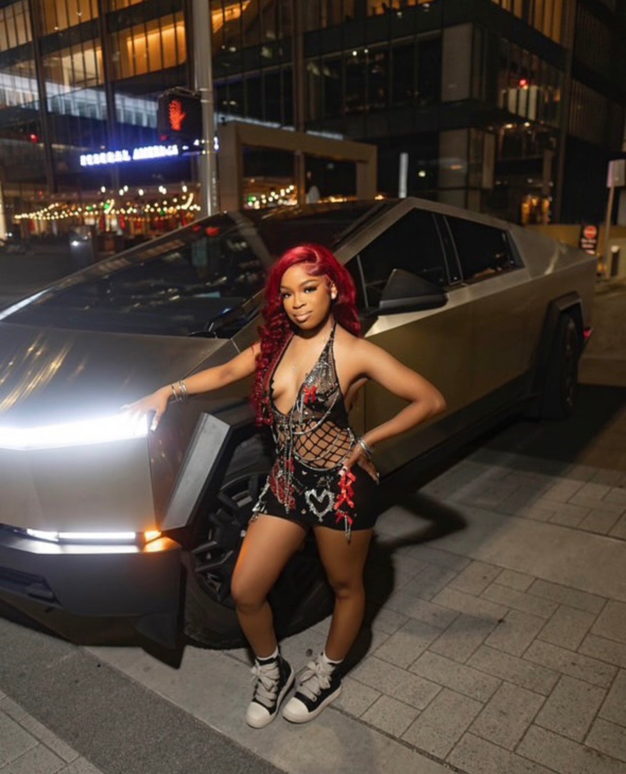 Red Baddie Riding Hood Embellished Fishnet Mesh Dress