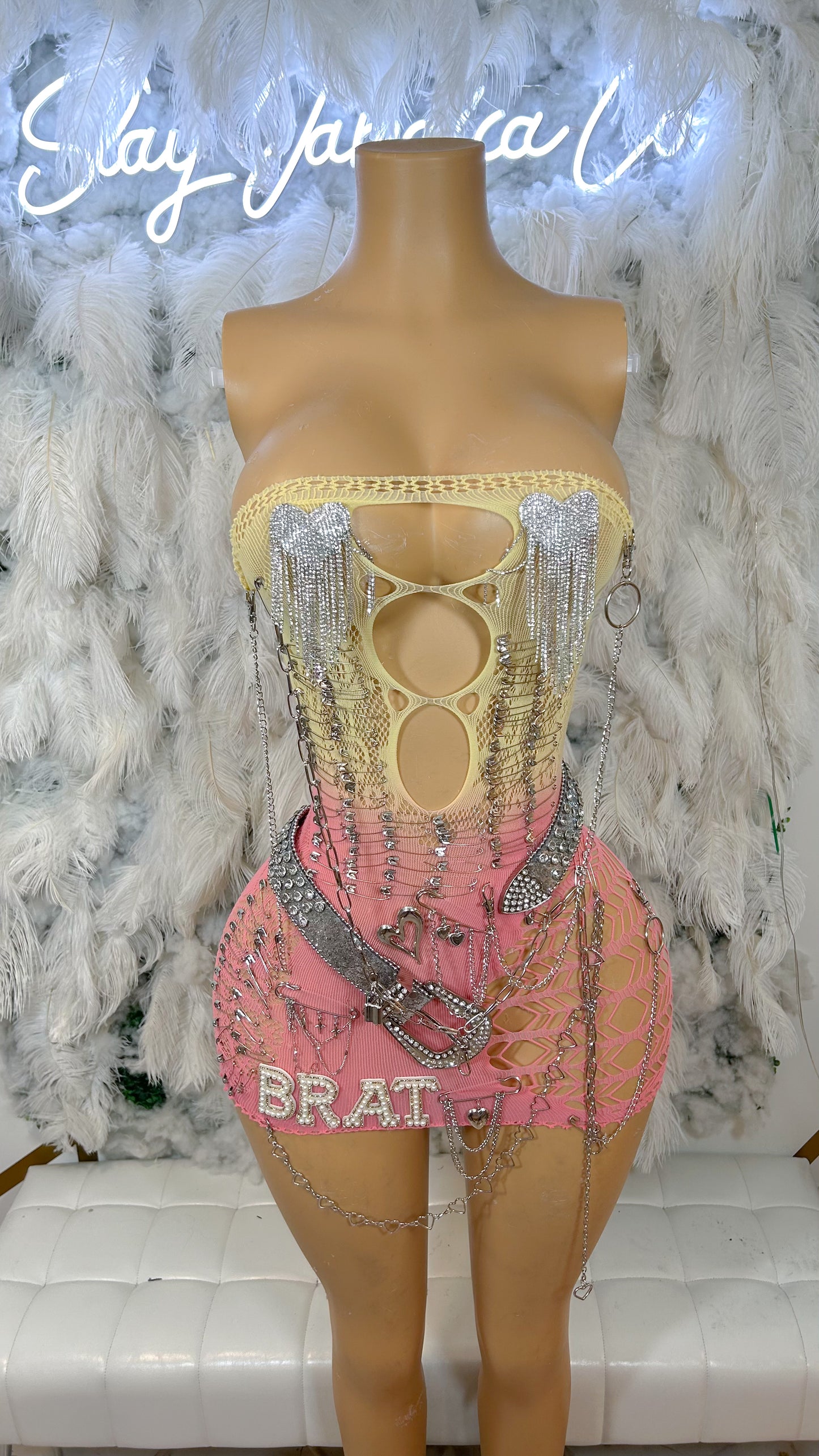 The Biggest Brat Embellished Mesh Mini Dress