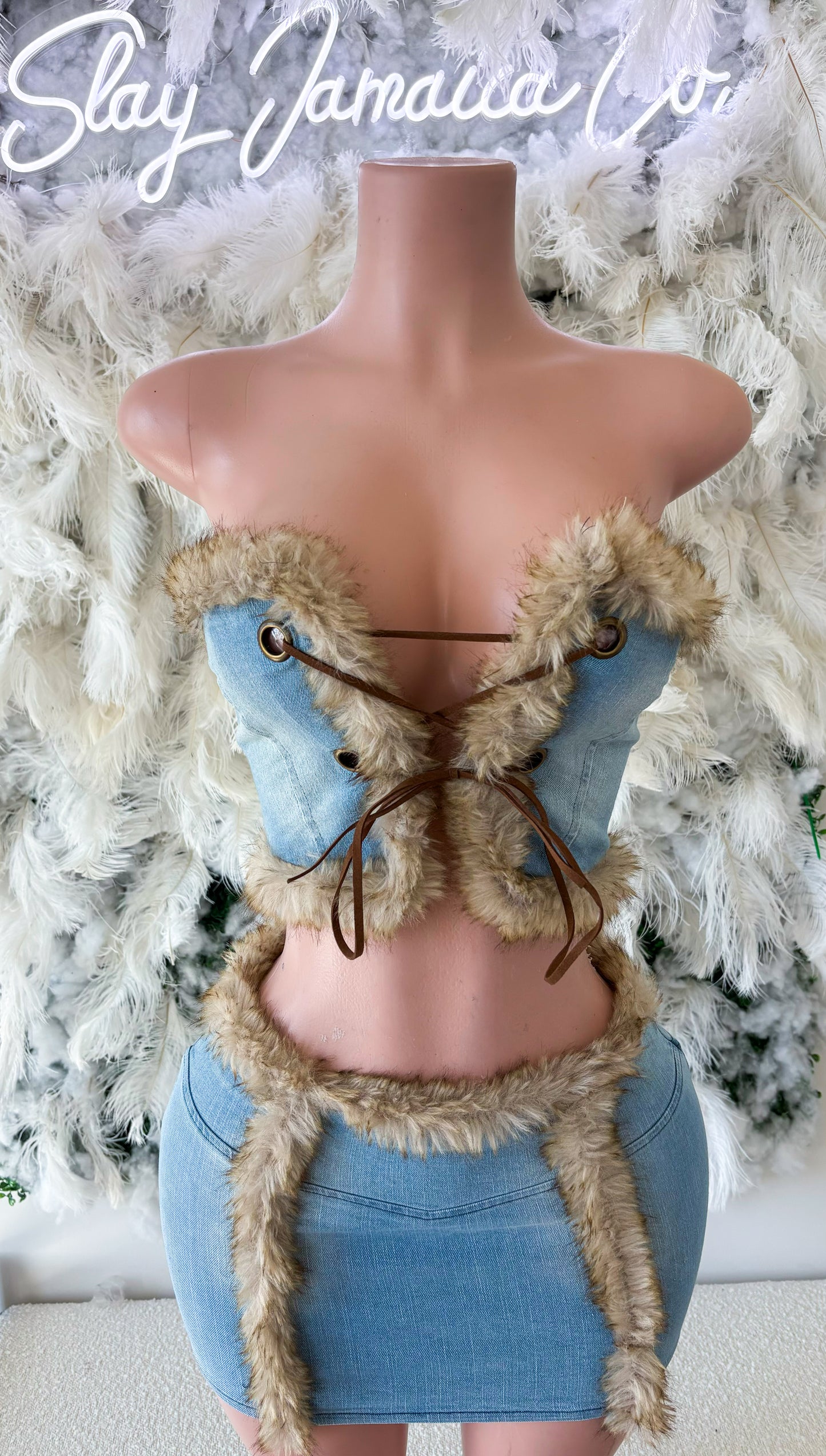 The Rawest Fur Denim Skirt Set - Light Blue