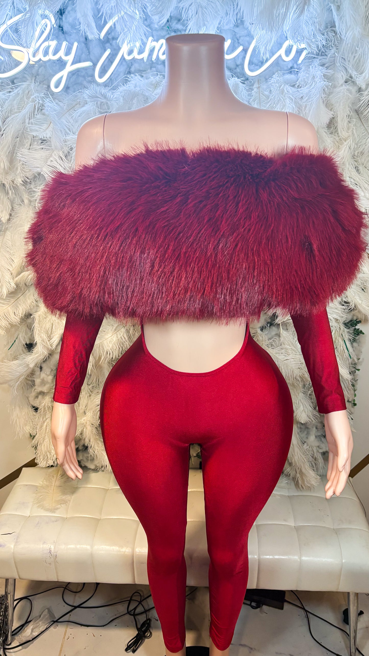 READY TO SHIP Femme Aura Fur Jumpsuit - Burgundy