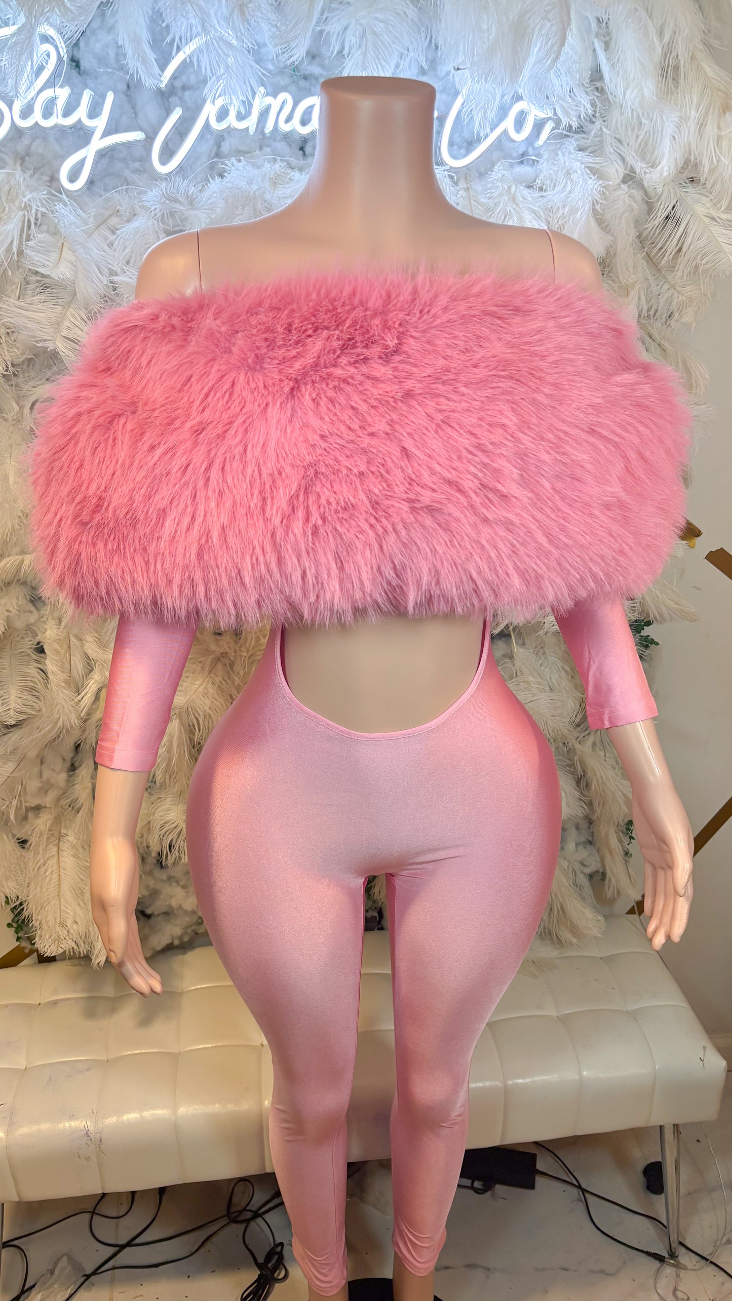 READY TO SHIP Femme Aura Fur Jumpsuit - Candy Pink