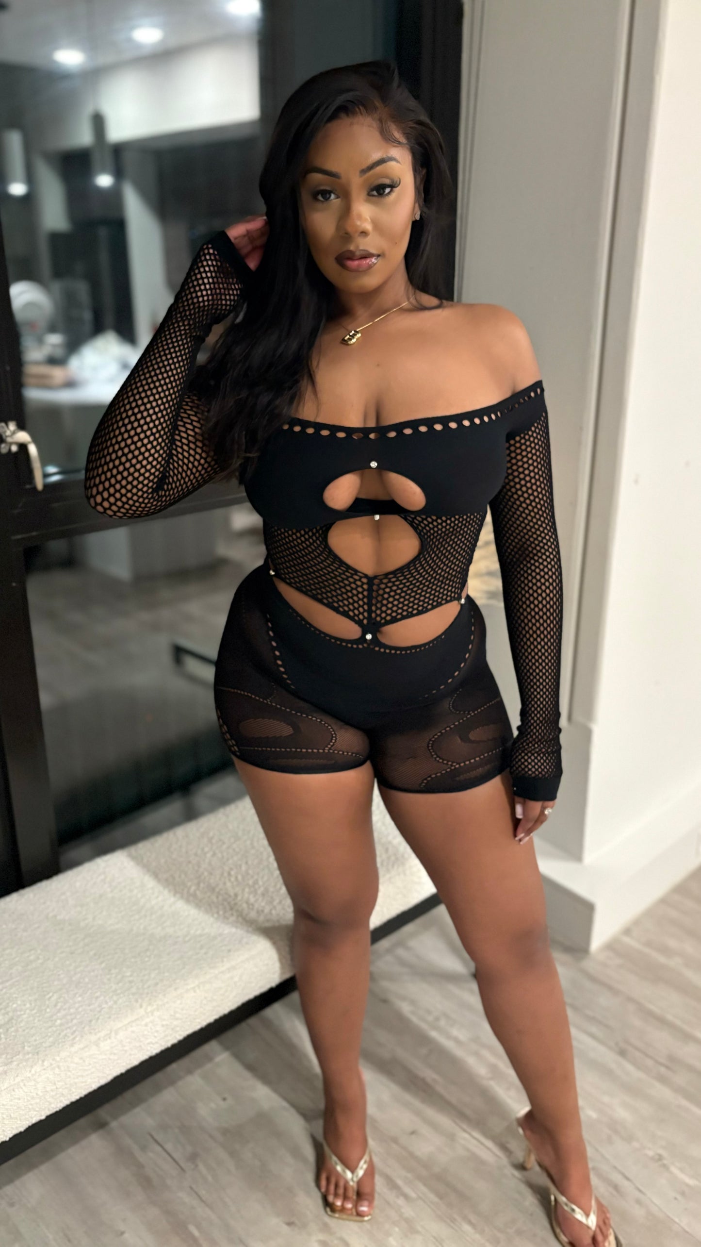 Risqué Love Cutout Mesh Romper - Black