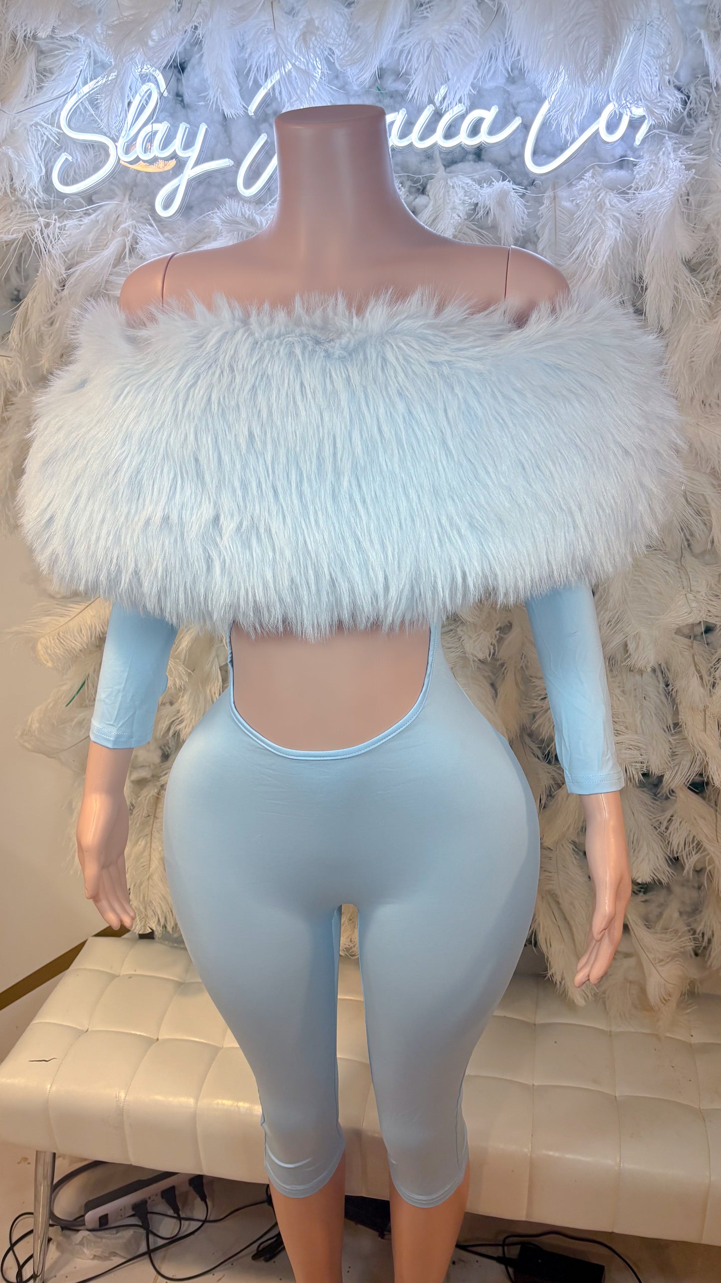 READY TO SHIP Femme Aura Fur Romper - Icy Blue