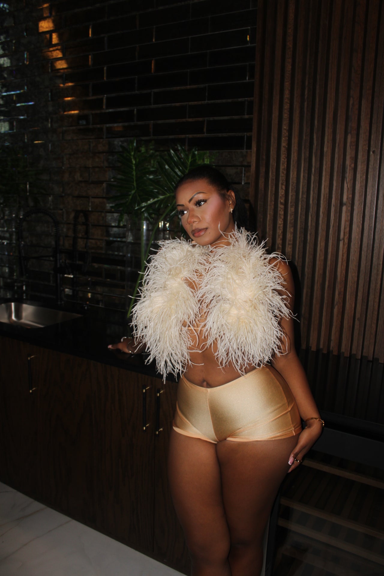 READY TO SHIP Champagne Nights Ostritch Feather Shorts Set