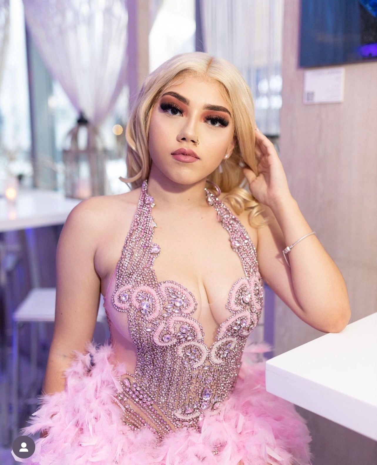 PREORDER ONLY Fine Wine Feather Luxury Rhinestone Dress-Pink