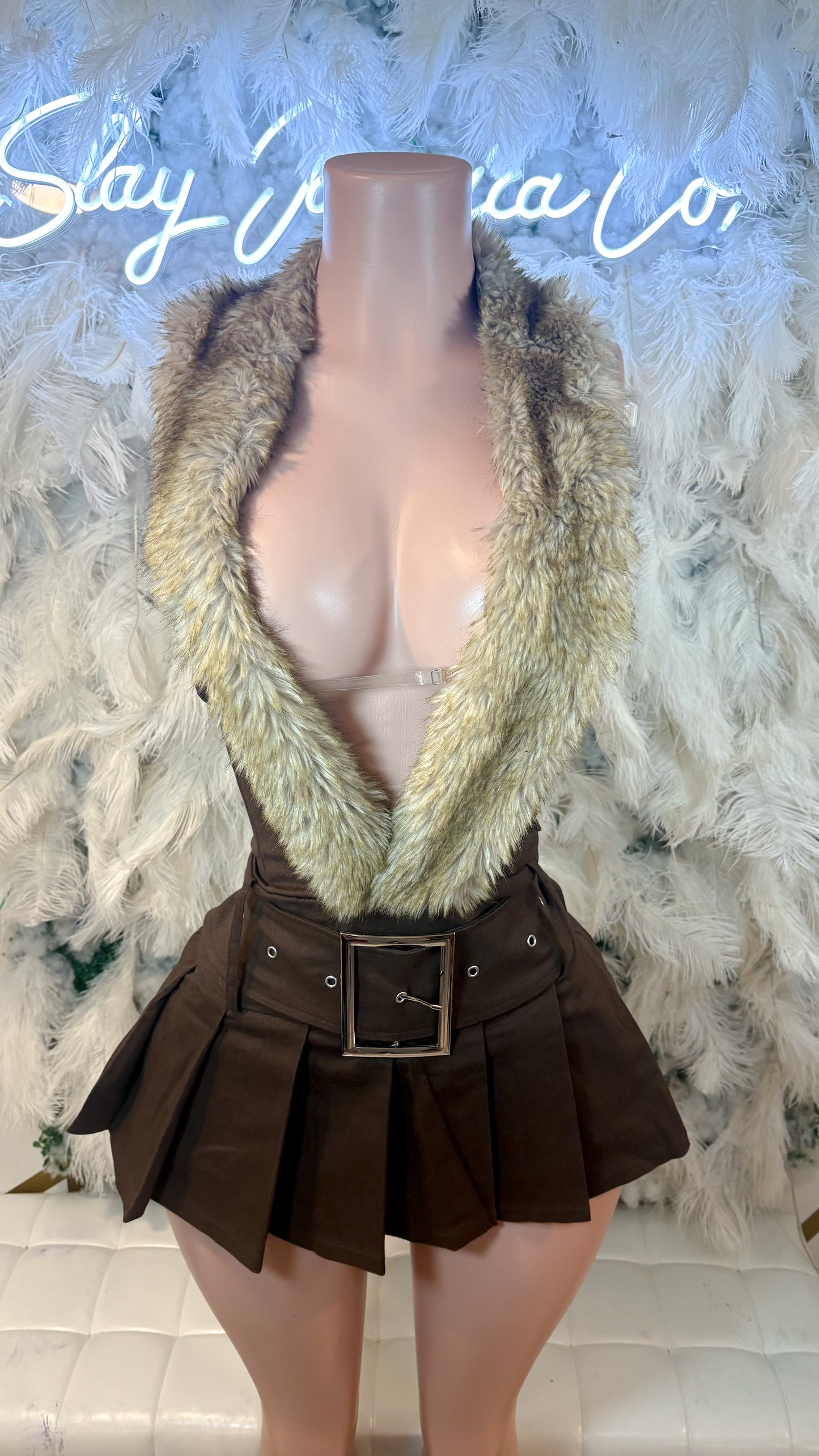 READY TO SHIP A Bad Bitch Never Gets Cold Fur Denim Dress - Dark Brown