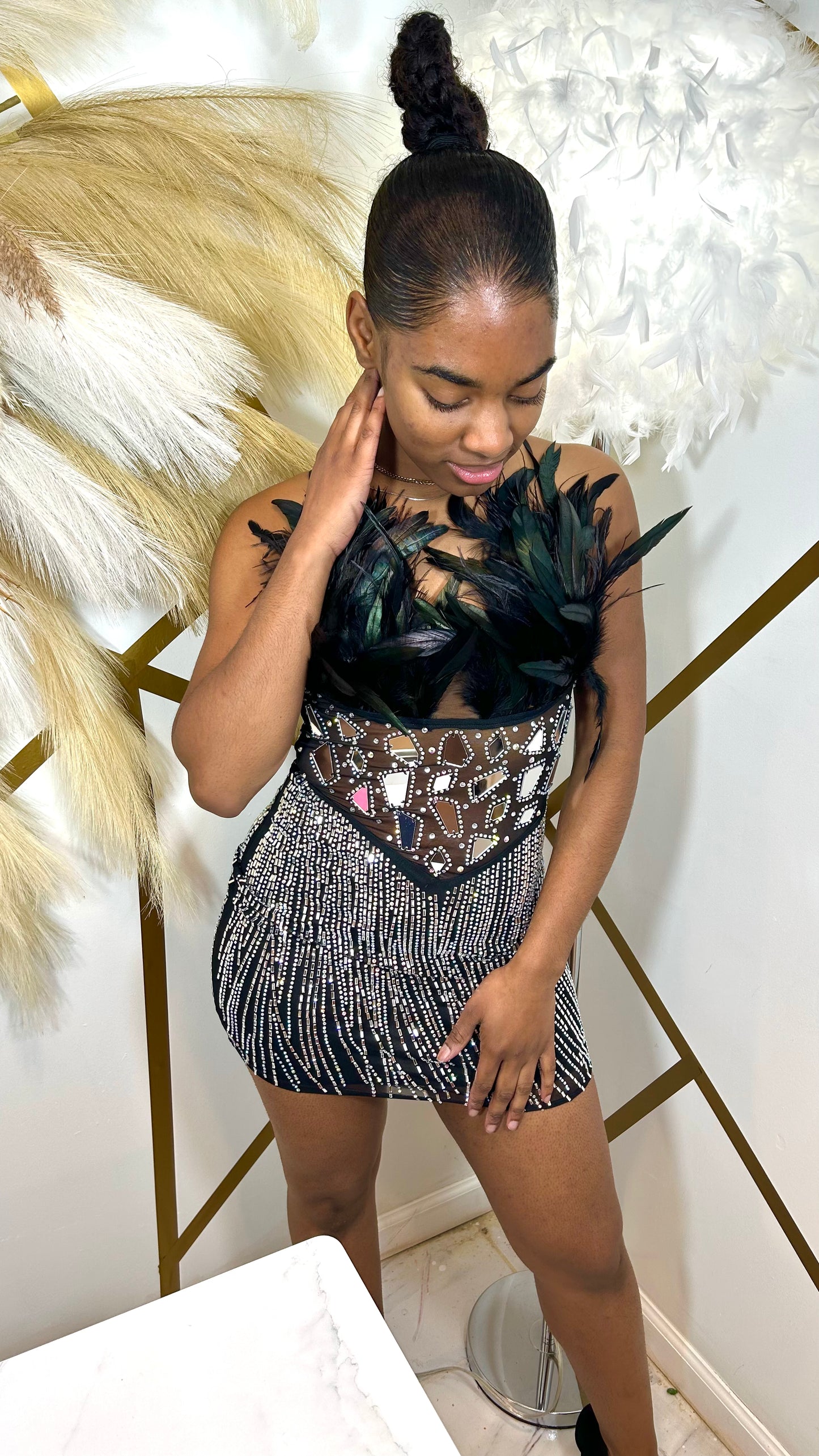 The Hottest Topic Feather Rhinestones Glass Mini Dress -Black