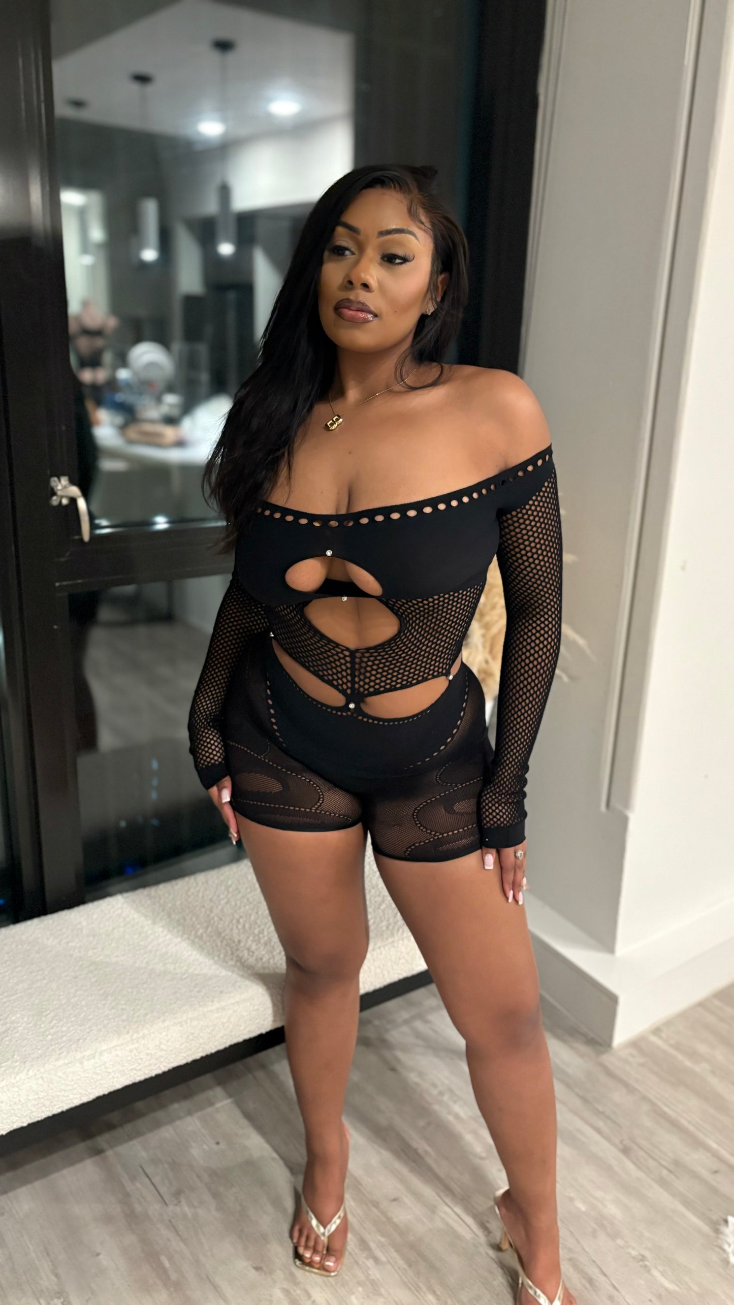 Risqué Love Cutout Mesh Romper - Black