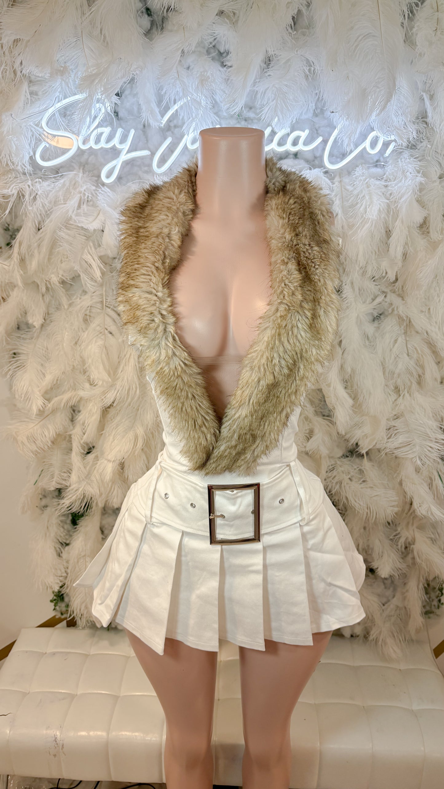 READY TO SHIP A Bad Bitch Never Gets Cold Fur Denim Dress - White