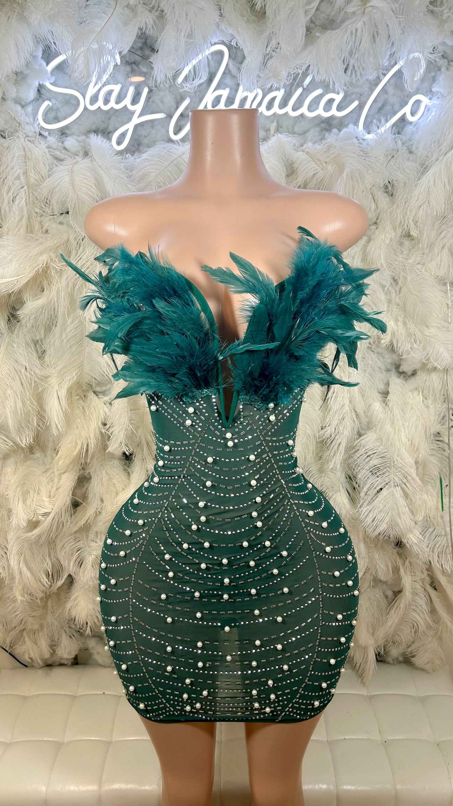 Baddest In The Room Pearl Mesh Mini Dress - Hunter Green
