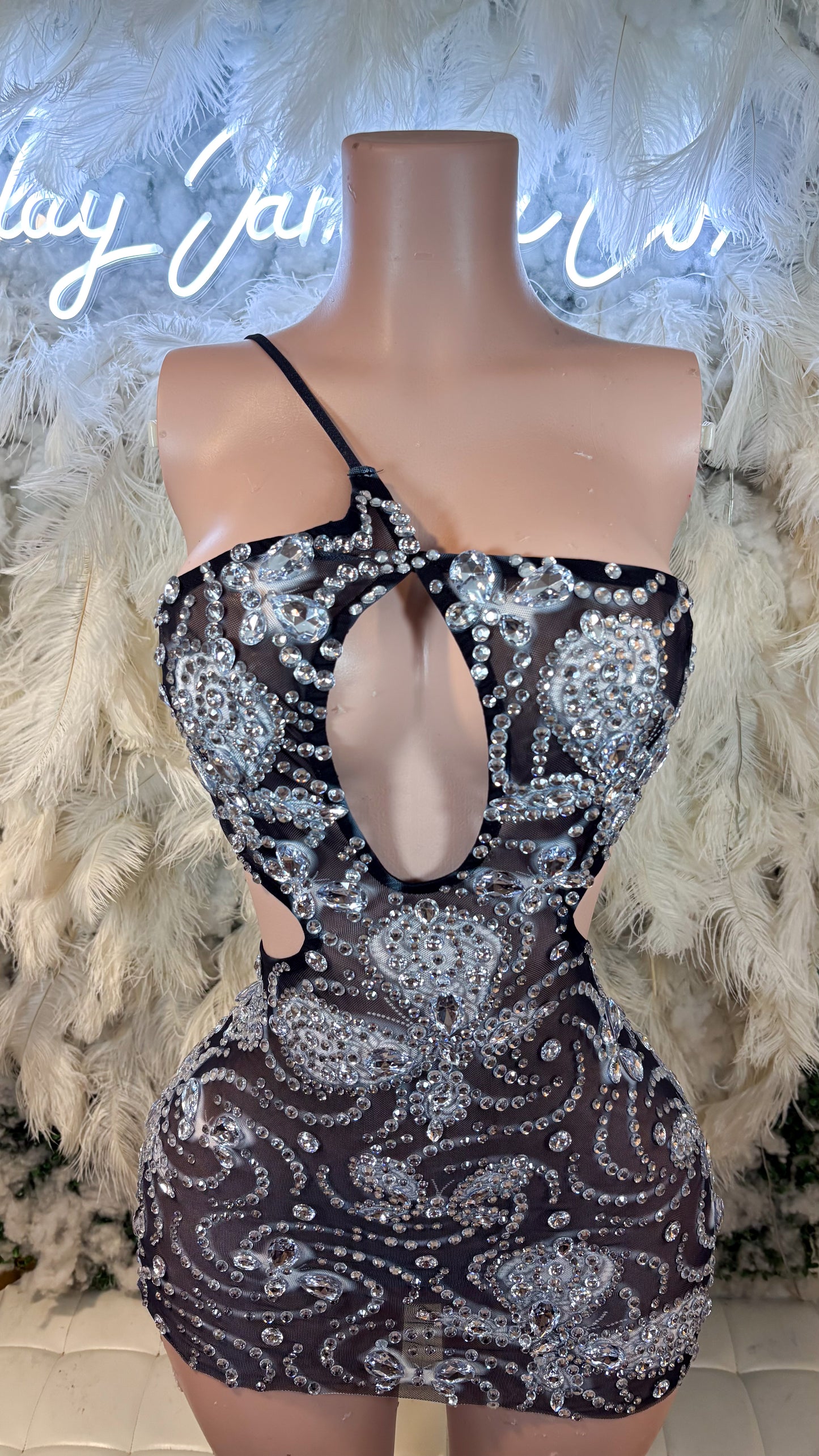 READY TO SHIP Black Swan Rhinestone Mini Dress