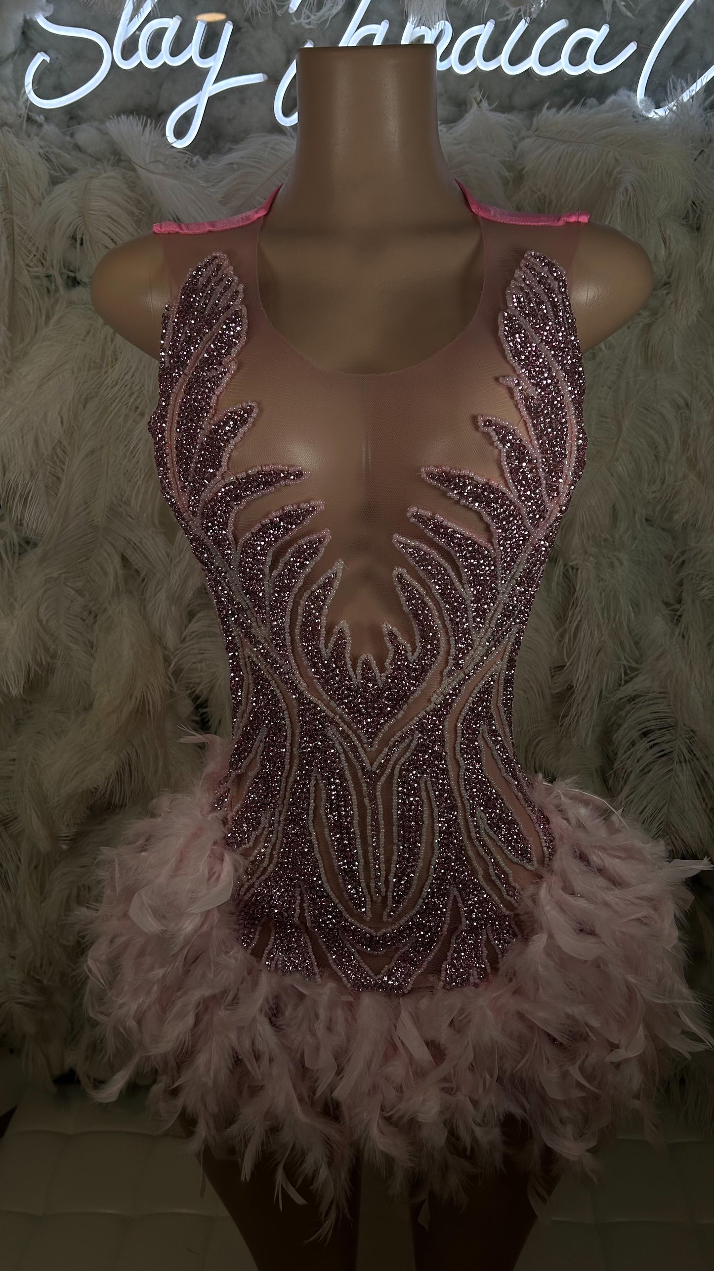 PREORDER ONLY Pink Passion Rhinestone Luxury Feather Mini Dress
