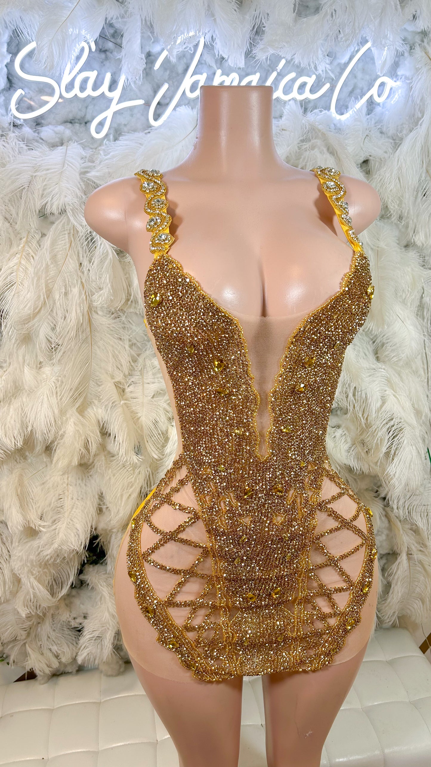 PREORDER ONLY Never Lacking Gold Rhinestone Mini Dress