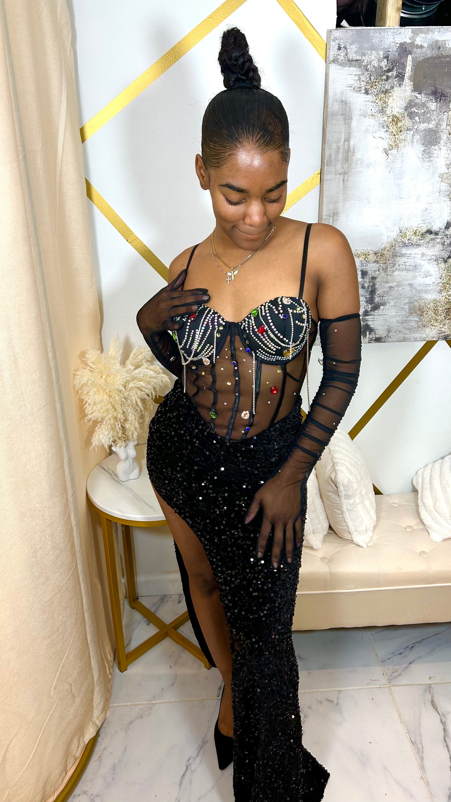 Draped With Gems Sequin Mesh Maxi Dress W/ Matching Gloves