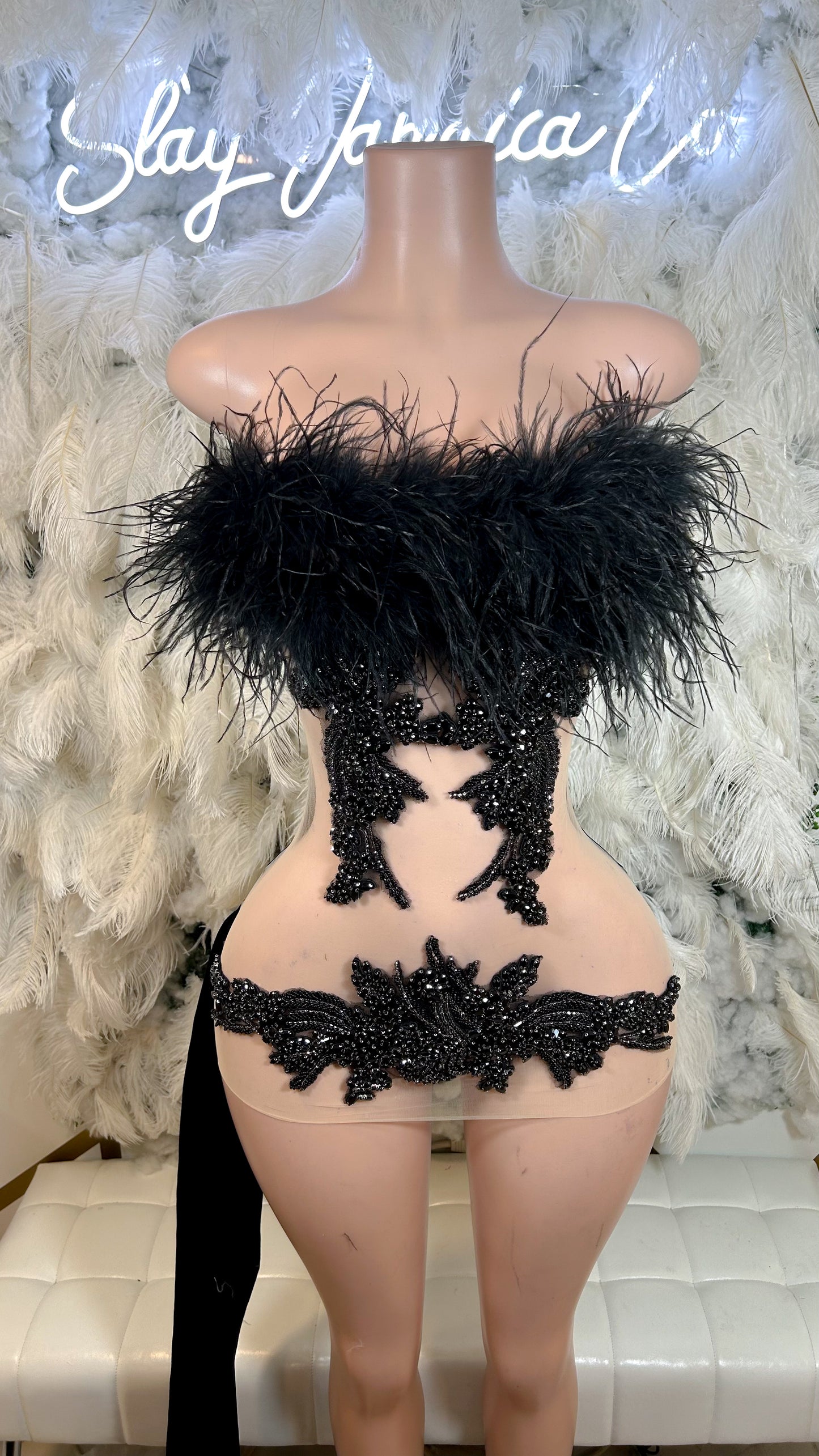 PREORDER ONLY Always On Top Feather Rhinestone Luxury Mini Dress