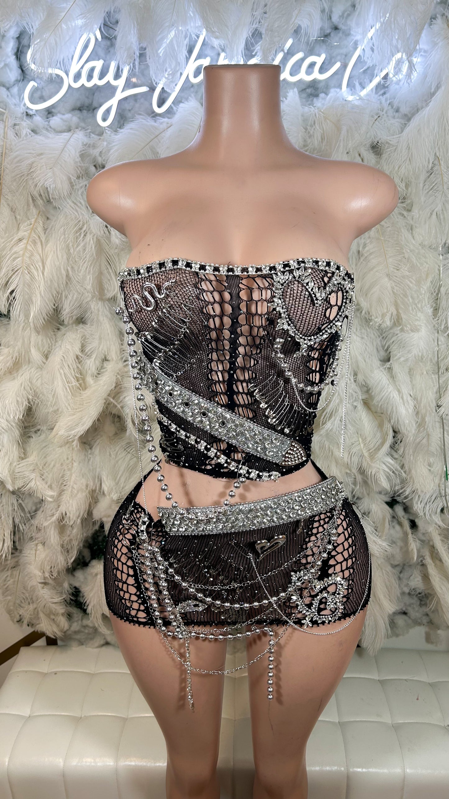 Gag City Embellished Mesh Skirt Set