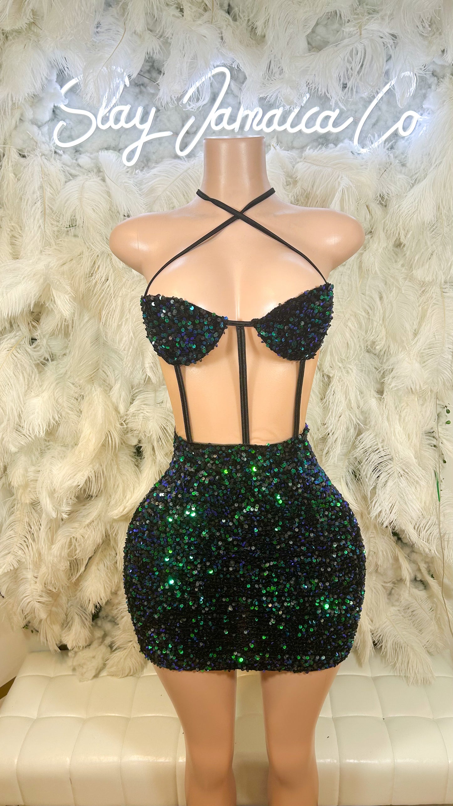 All That Glitters Sequin Mesh Panel Mini Dress - Green