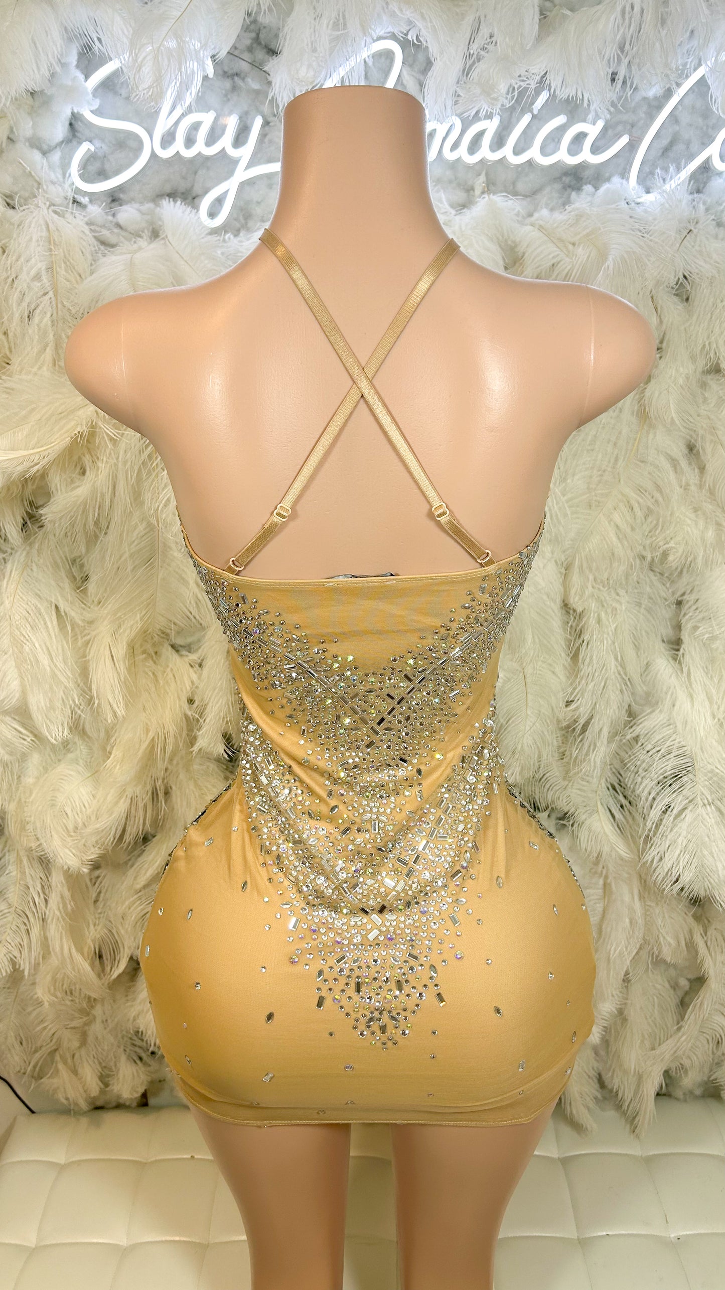 Broken Pieces Luxury Rhinestone Mini Dress - Nude