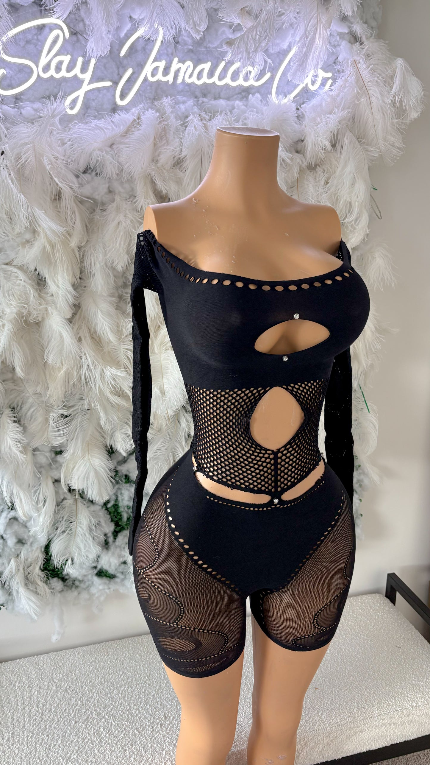 Risqué Love Cutout Mesh Romper - Black