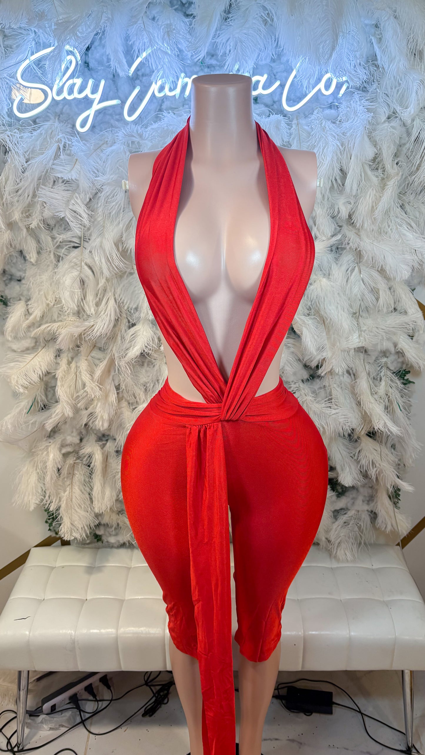 Temptation Aura Twisted Halter Romper- Red
