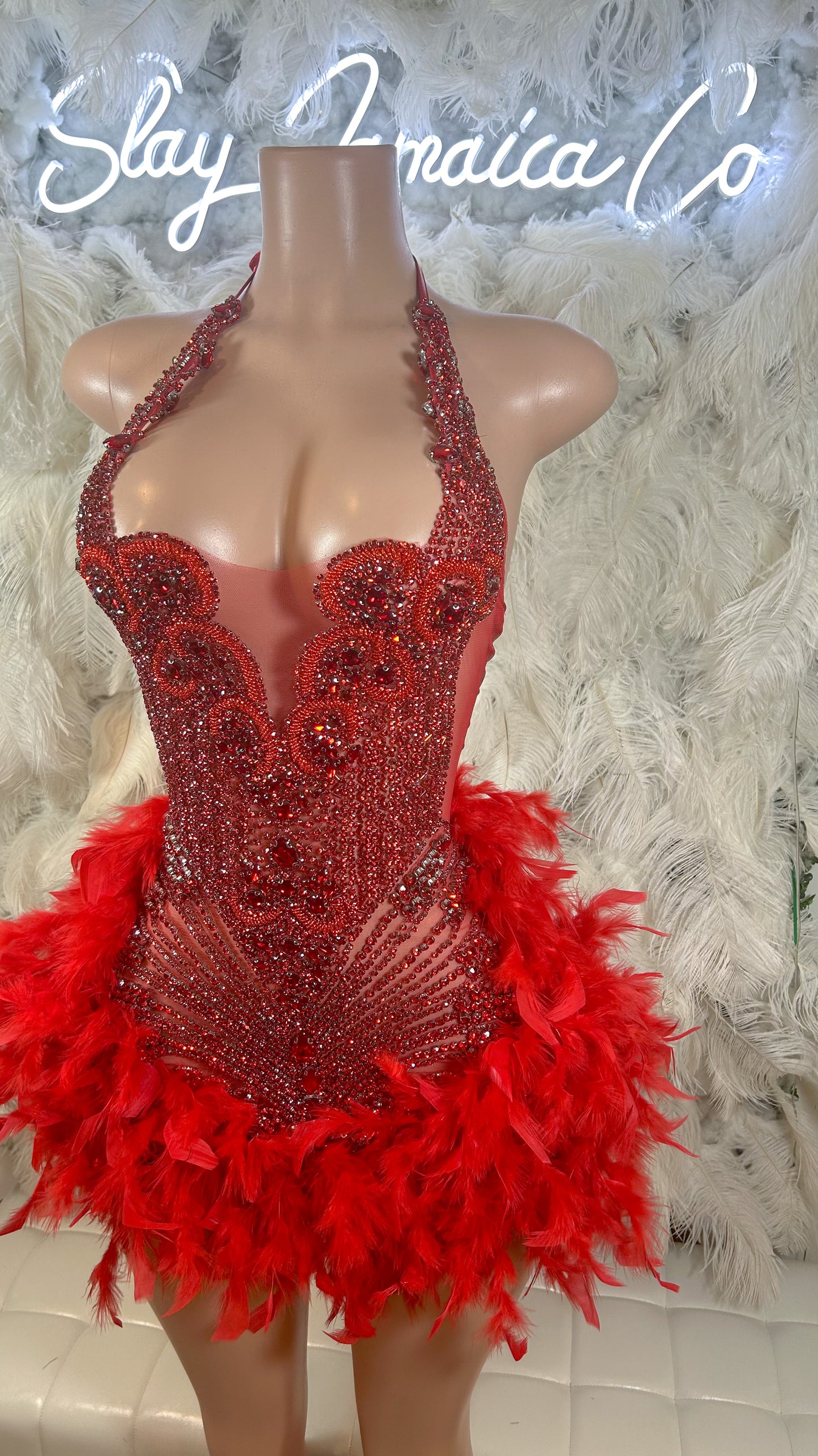 Preorder only Fine Wine Feather Luxury Rhinestone Dress-Red
