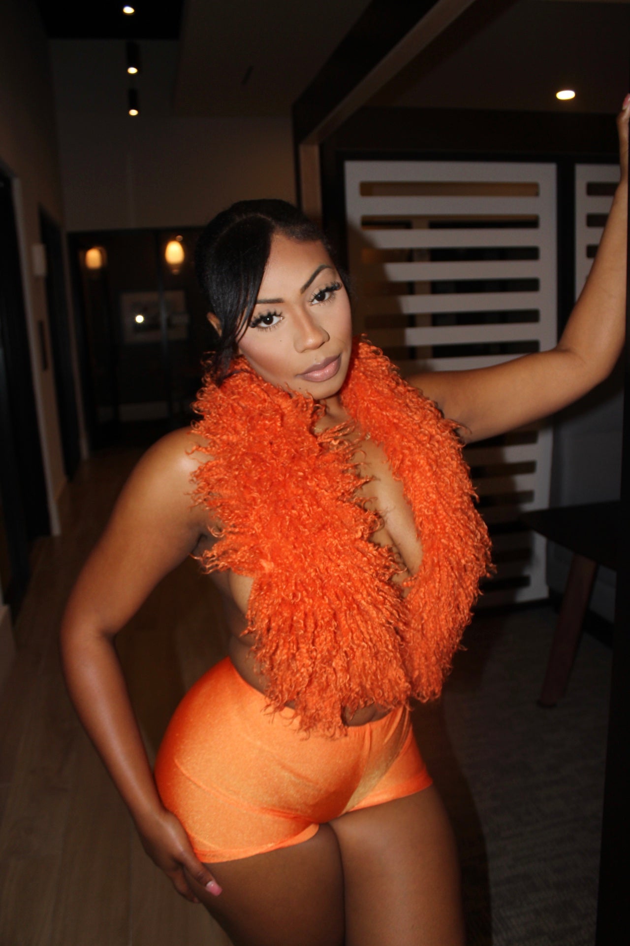 READY TO SHIP Summer Just Begun Mongolian Fur Shorts set - Orange