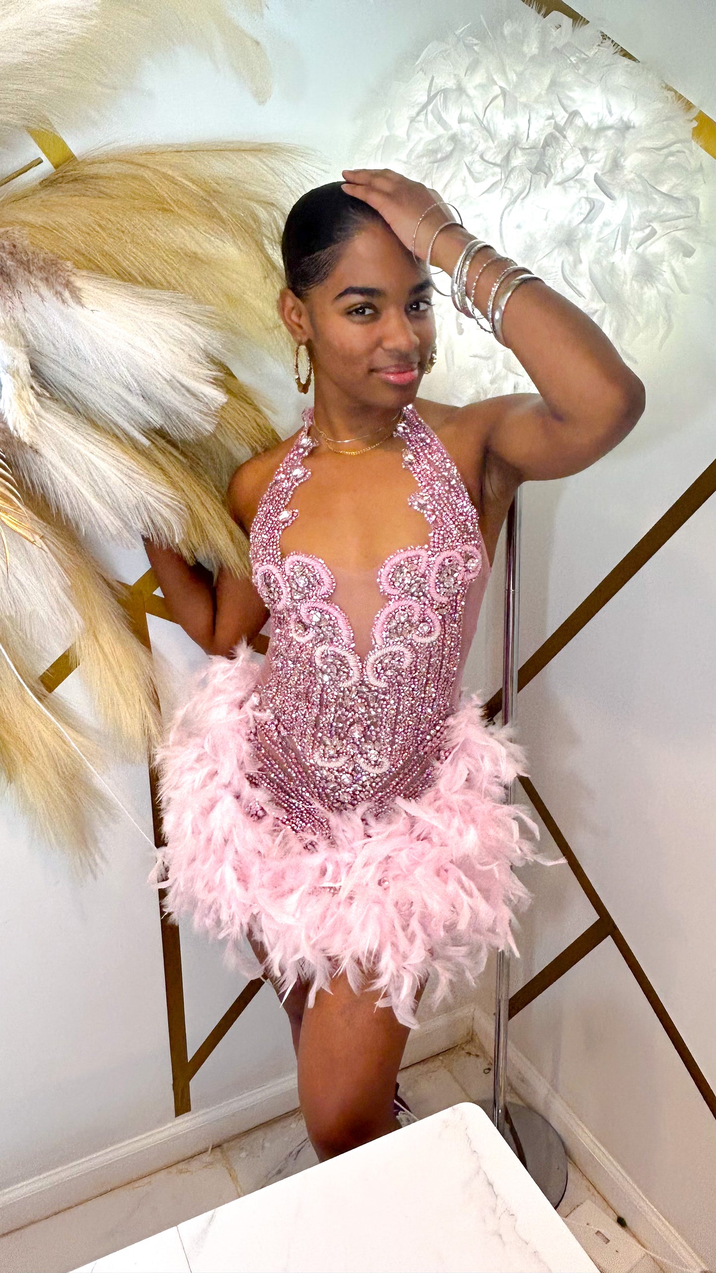 PREORDER ONLY Fine Wine Feather Luxury Rhinestone Dress-Pink