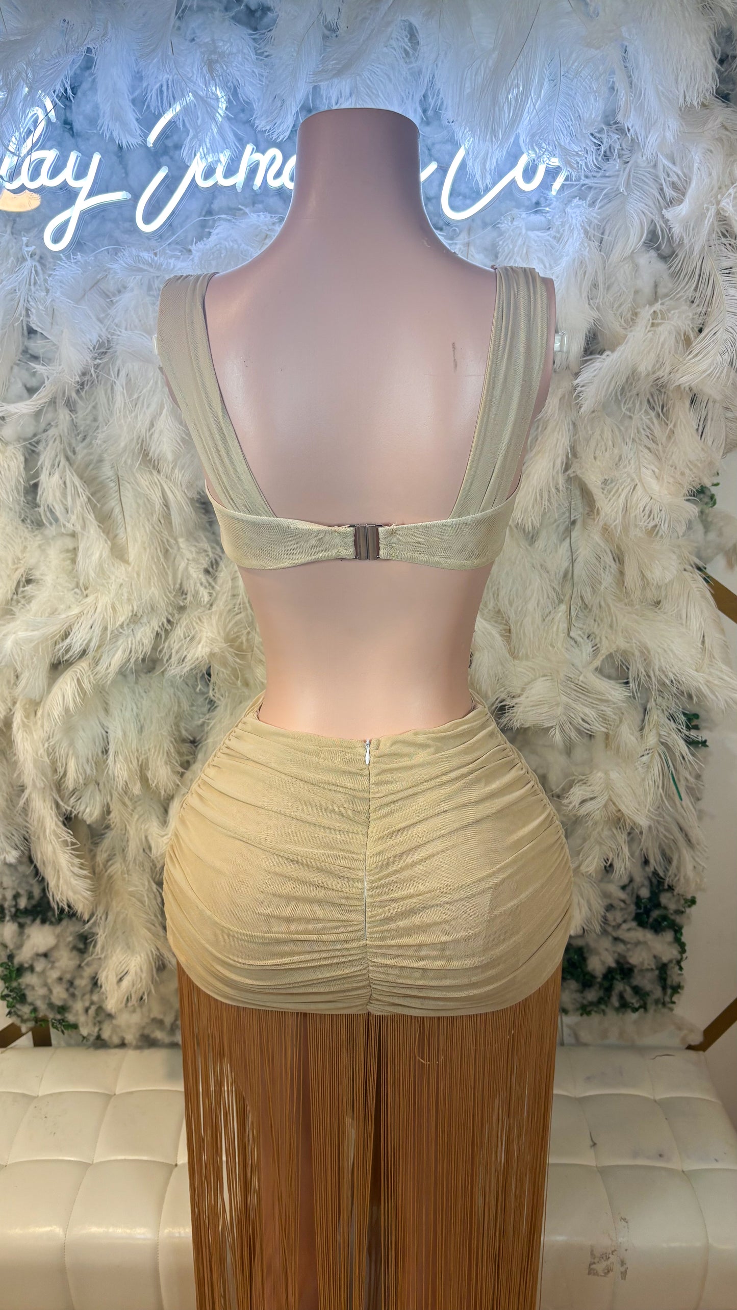 READY TO SHIP Tuscany Dreams Fringe Mesh Skirt Set - Nude